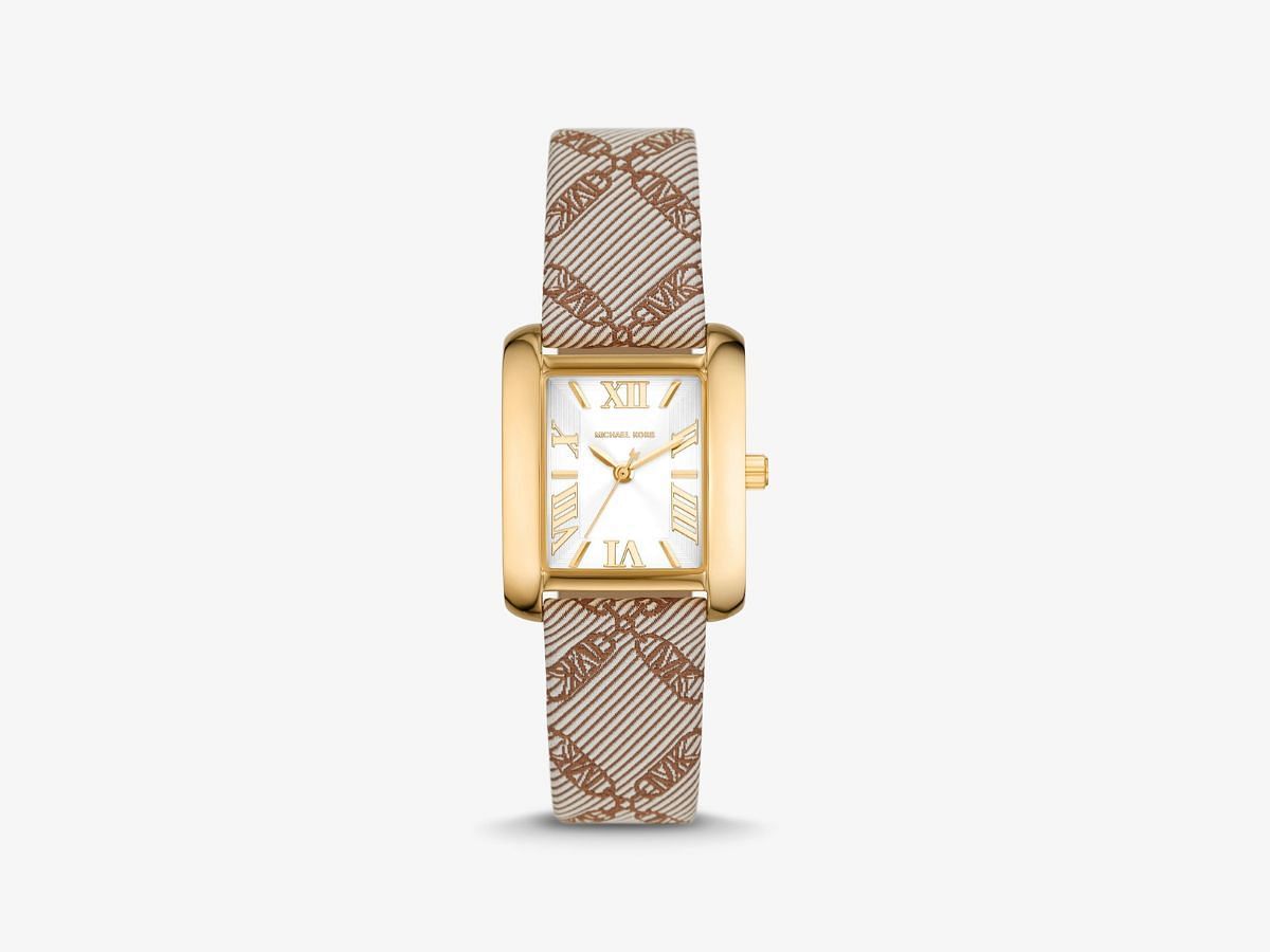 Mini Emery Gold-Tone and Empire Logo Jacquard Watch (Image via Michael Kors)