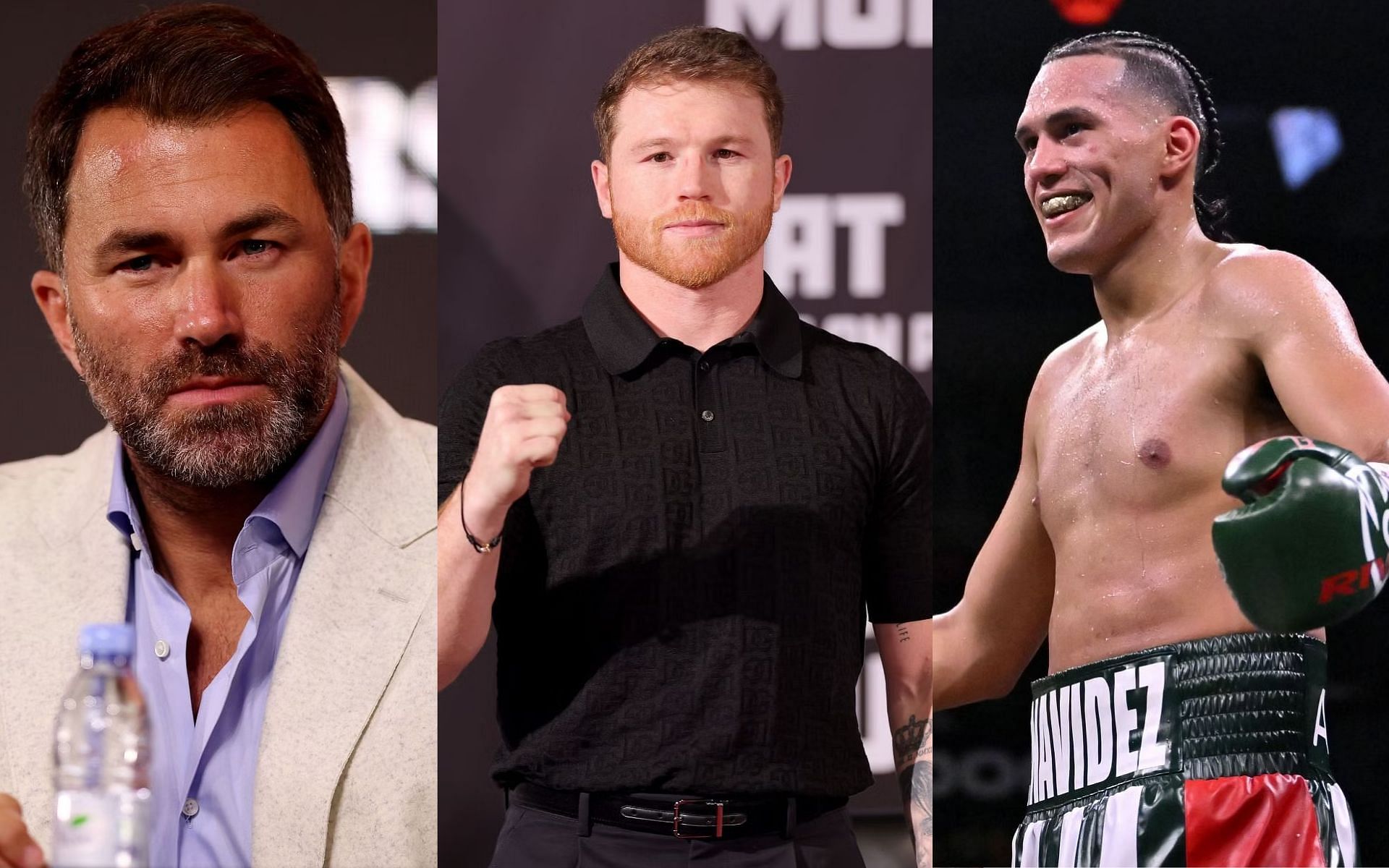 Eddie Hearn (left) shares thoughts on Canelo Alvarez (middle) demanding $200 million to fight David Benavidez (right) [Images Courtesy: @GettyImages]