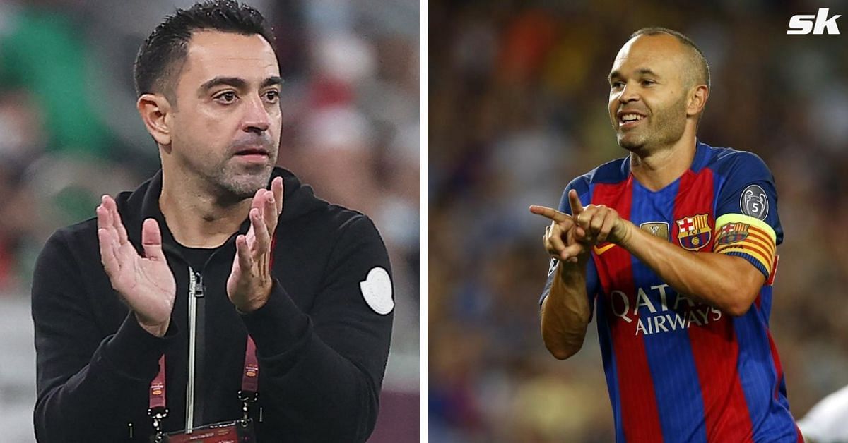 Barcelona manager Xavi (left) and his former teammate Andres Iniesta