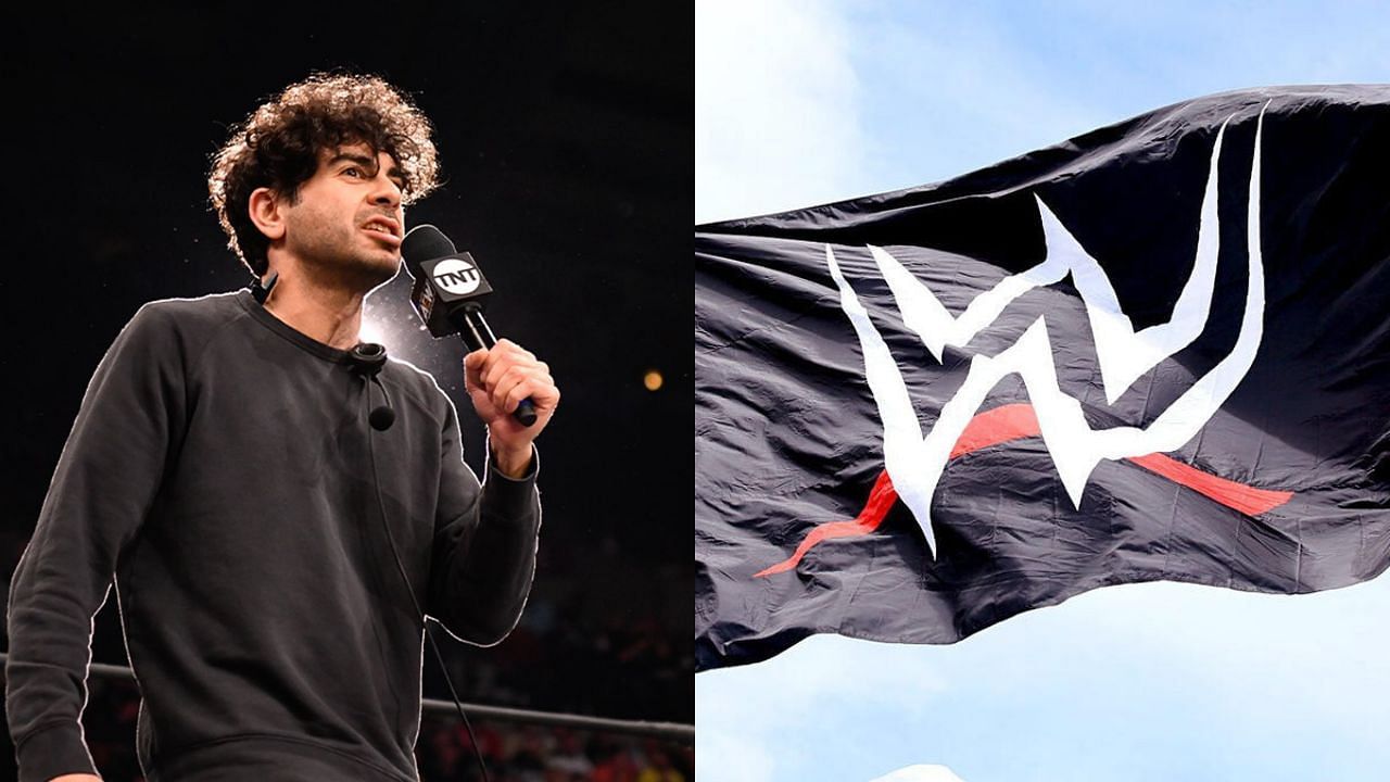 Tony Khan (left) and WWE logo (right)