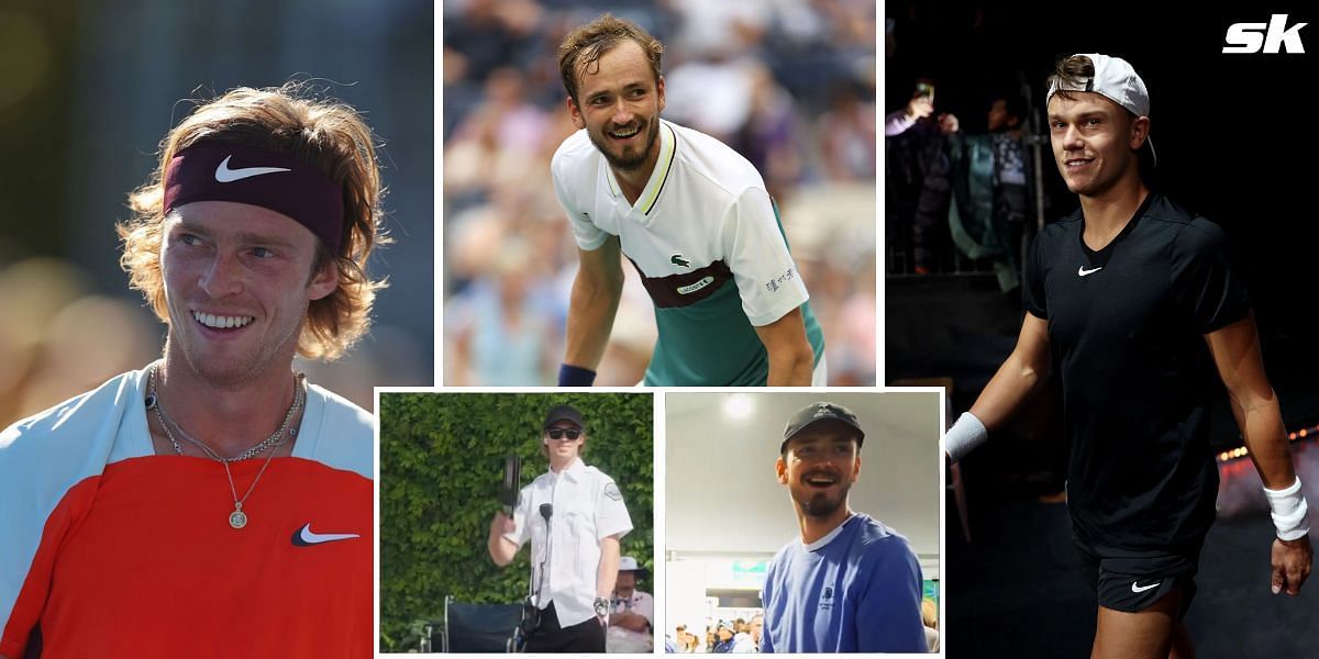 (From L-R) Andrey Rublev, Daniil Medvedev and Holger Rune; Rublev and Medvedev work as event staff (inset)