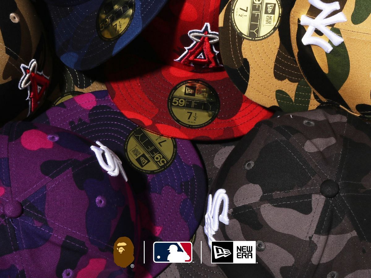 BAPE x MLB x New Era Camo basketball caps (Image via Twitter/@BAPEOFFICIAL)