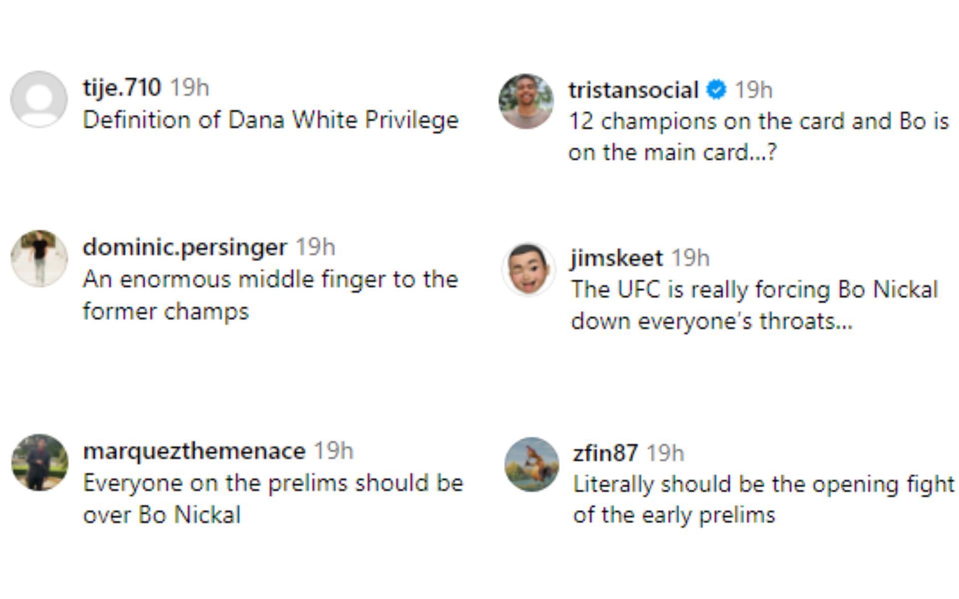 Fan reaction comments regarding Nickal vs. Brundage being on UFC 300 main card [Image courtesy: @mmajunkie - Instagram]