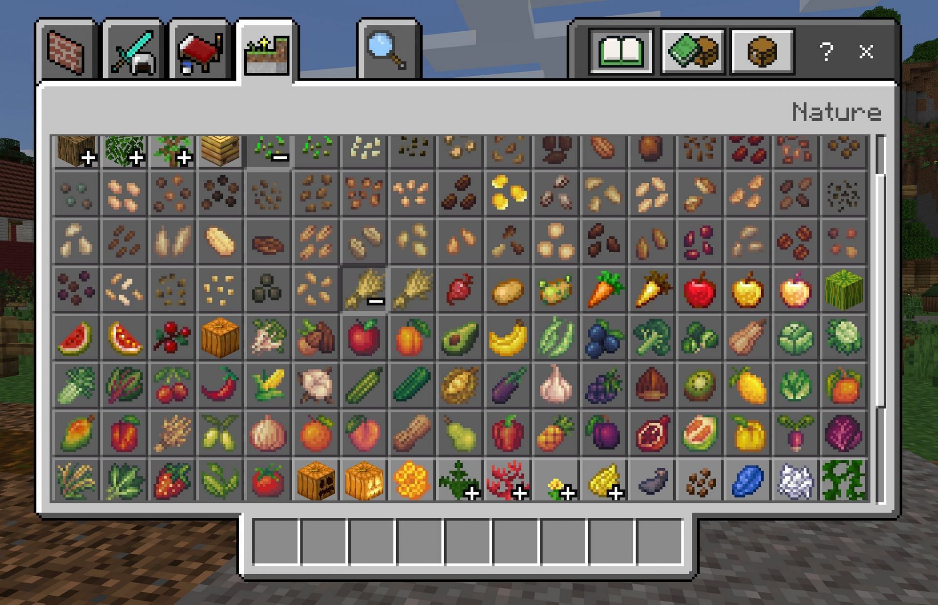 The many crop and seed additions from the Farm Life marketplace world (Image via Mojang)