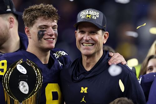 JJ McCarthy and Jim Harbaugh after the 2024 CFP National Championship - Michigan vs. Washington