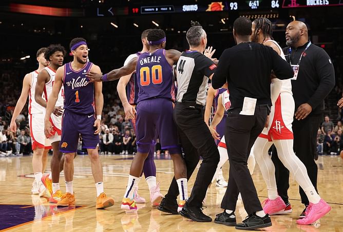 WATCH: Devin Booker and Cam Whitmore get into a shoving contest during Suns-Rockets