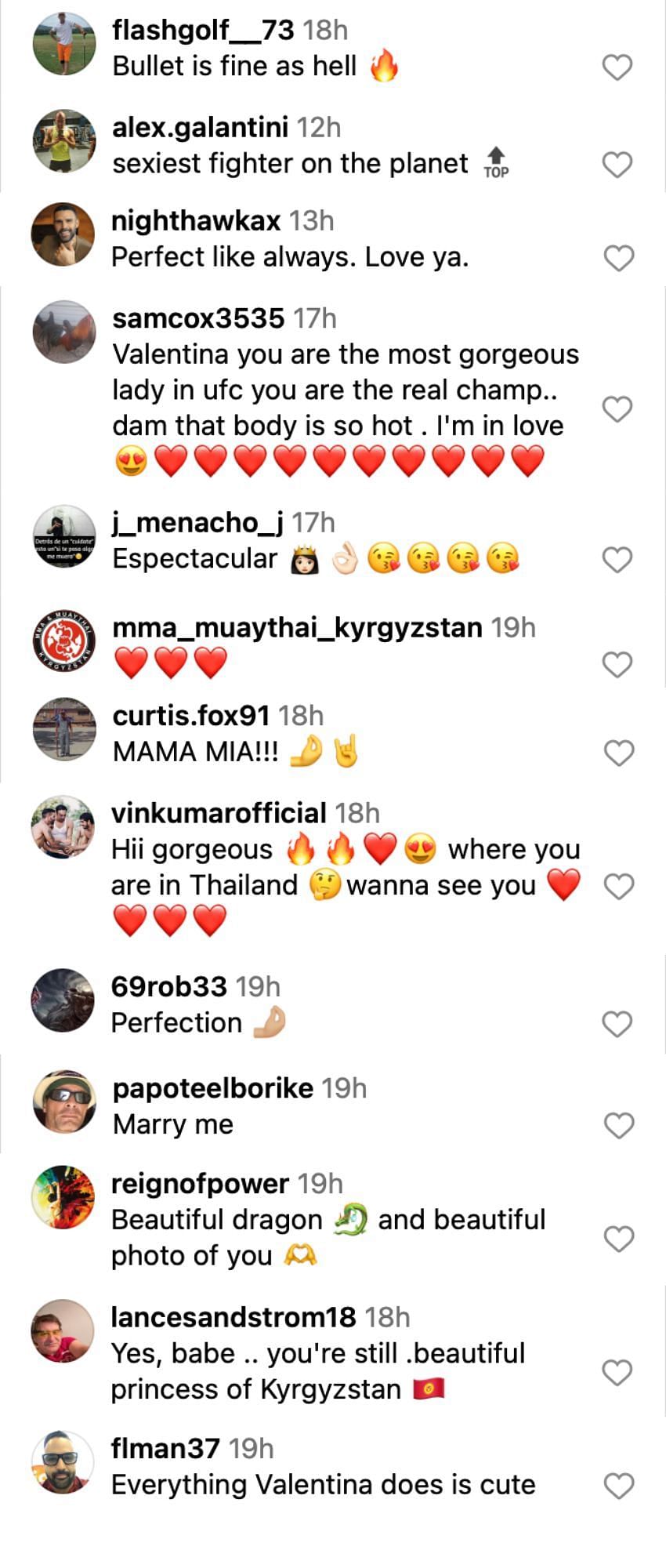 Fans reacting to Valentina Shevchenko on Instagram [via @bulletvalentina on Instagram]