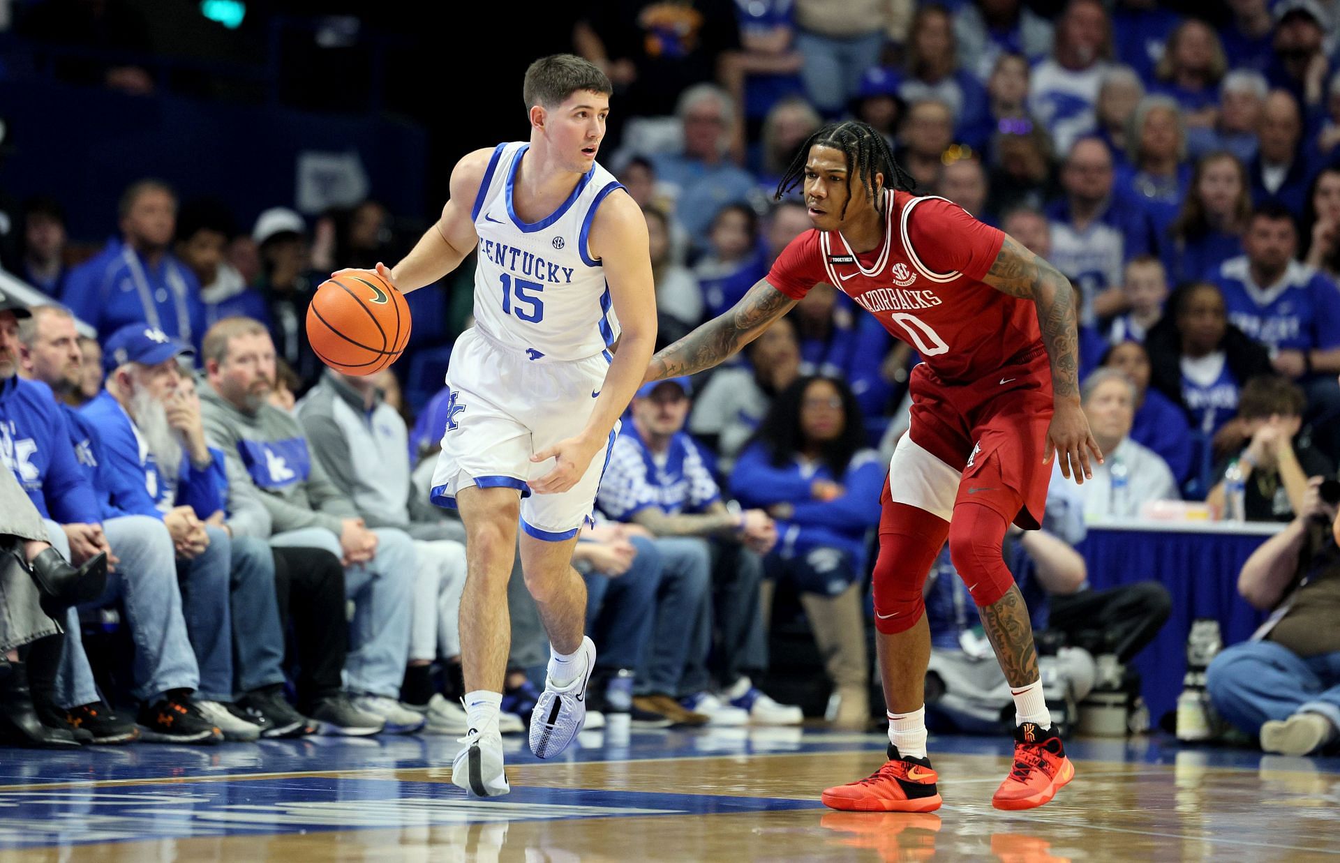 Reed Sheppard #15 of the Kentucky Wildcats dribbles the ball