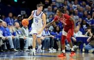 Reed Sheppard #15 of the Kentucky Wildcats dribbles the ball
