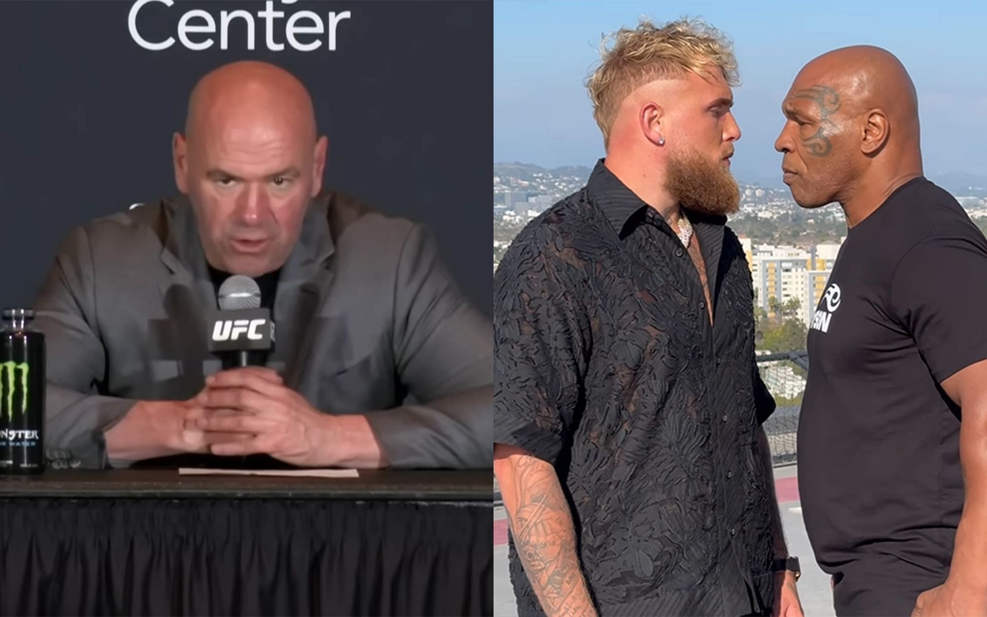 Dana White (left) shares his thoughts on Jake Paul vs. Mike Tyson (right) [Images Courtesy: @jakepaul Instagram and UFC YouTube]