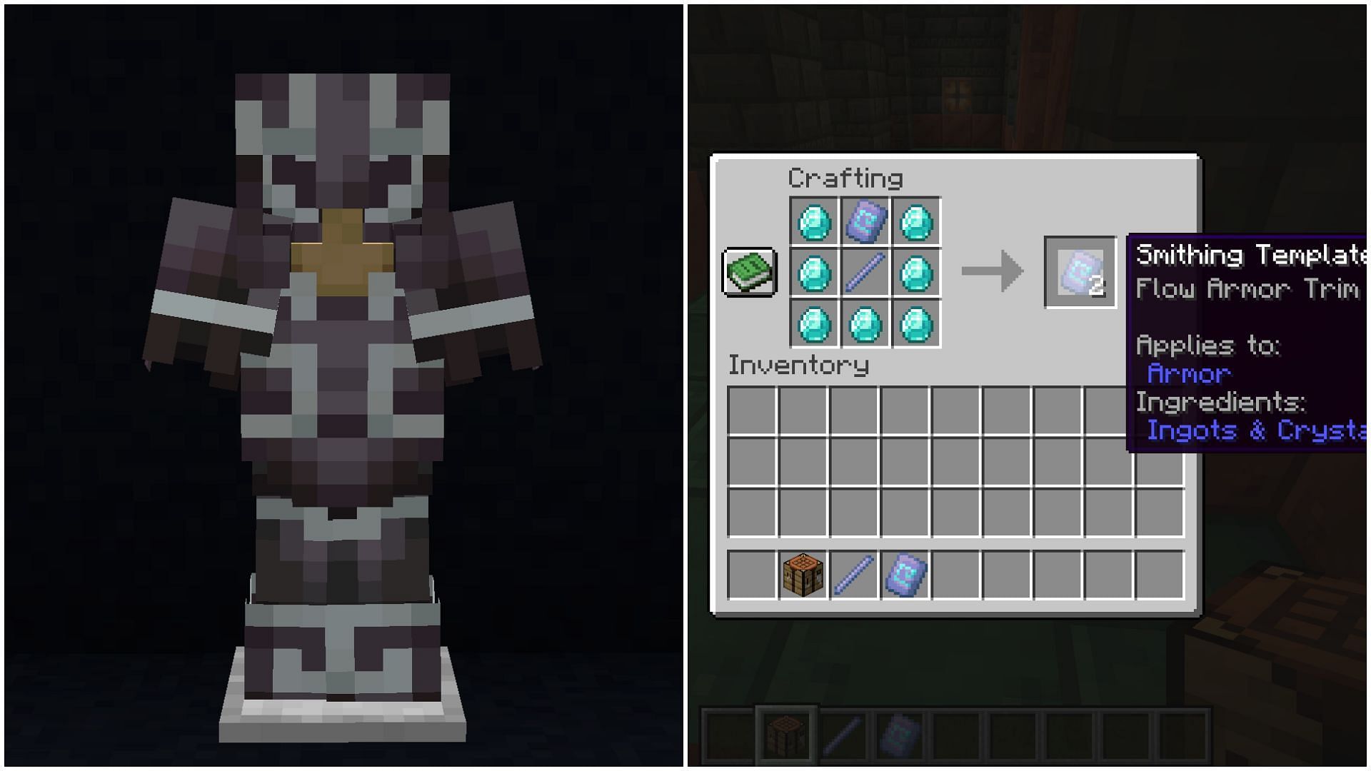 Armor trim can be applied to armor through a smithing table and duplicated through diamonds and specific items (Image via Mojang Studios)