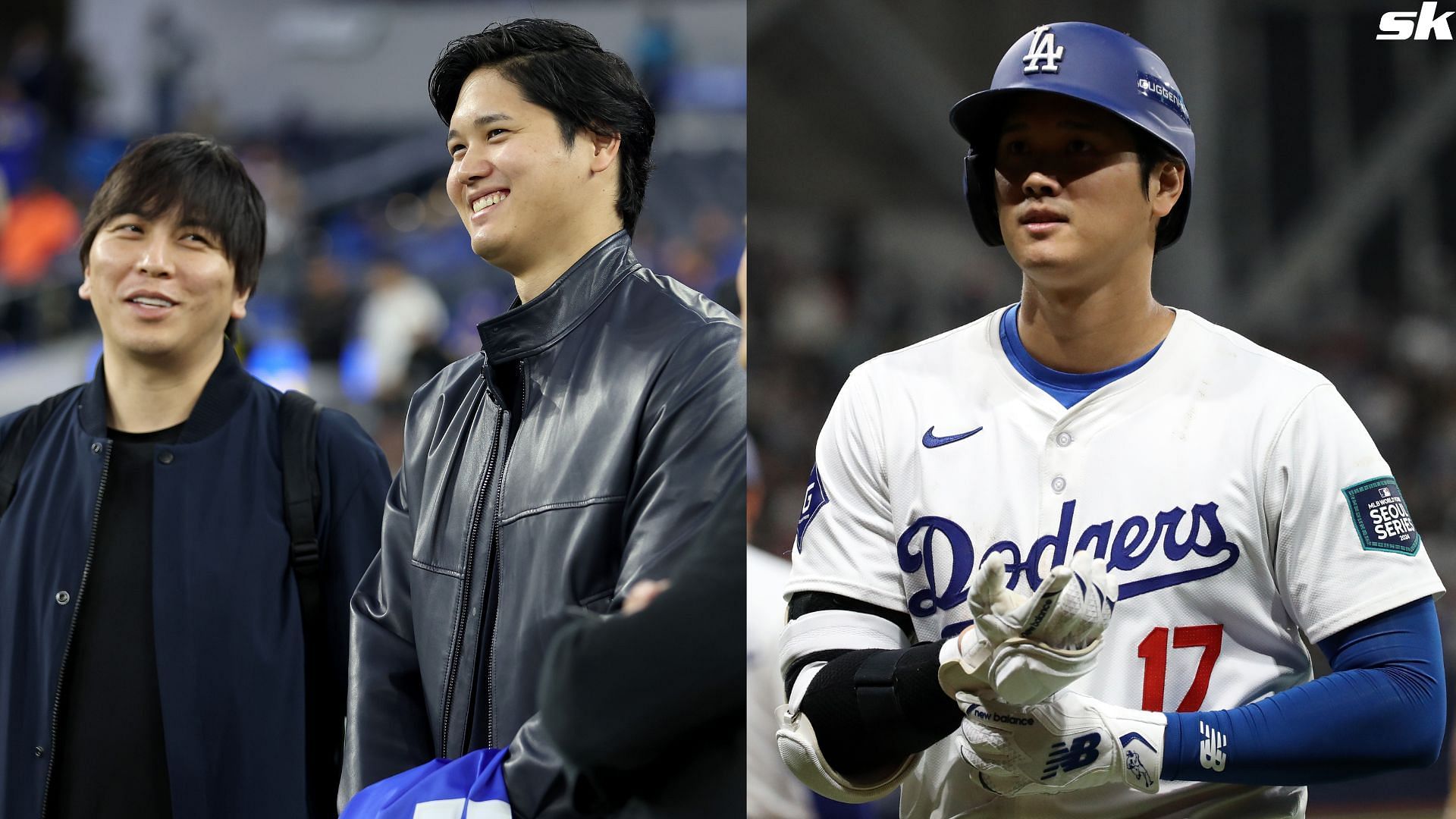 Shohei Ohtani of the Los Angeles Dodgers talks with his interpreter Ippei Mizuhara prior to the game between the New Orleans Saints and the Los Angeles Rams at SoFi Stadium