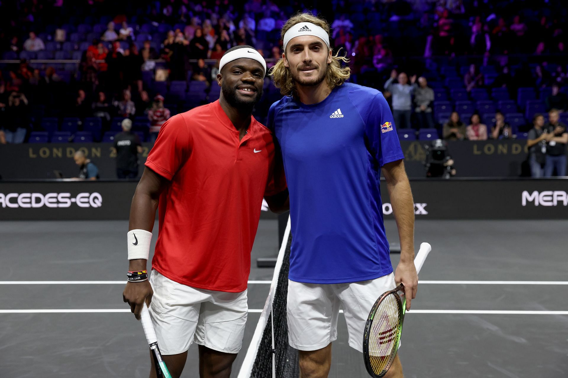 Frances Tiafoe (L) and Stefanos Tsitsipas (R) at the 2022 Laver Cup