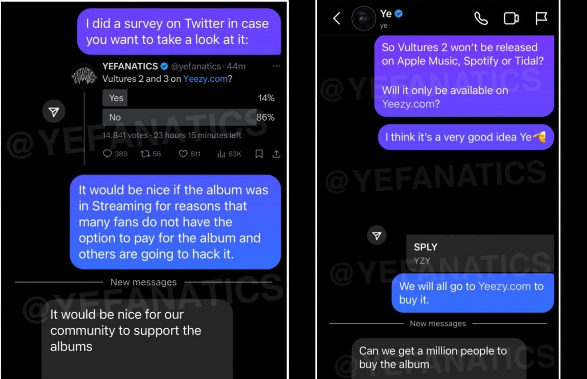 Screenshots of Kanye&#039;s conversation with a fan account regarding the release of &#039;Vultures 2&#039; (Image via Instagram/@yefanatics)