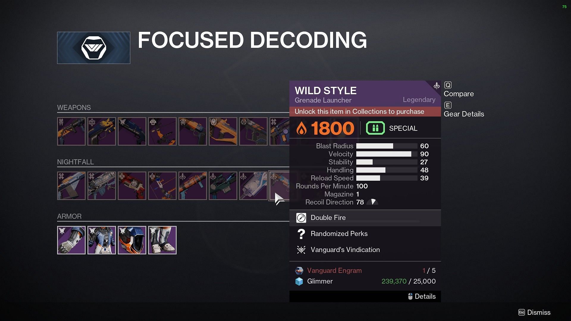 Wild Style in Focused Decoding page of Destiny 2 (Image via Bungie)