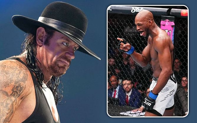The Undertaker reacts to Michael 'Venom' Page walking out to his WWE theme 'Rest in Peace' at UFC 299