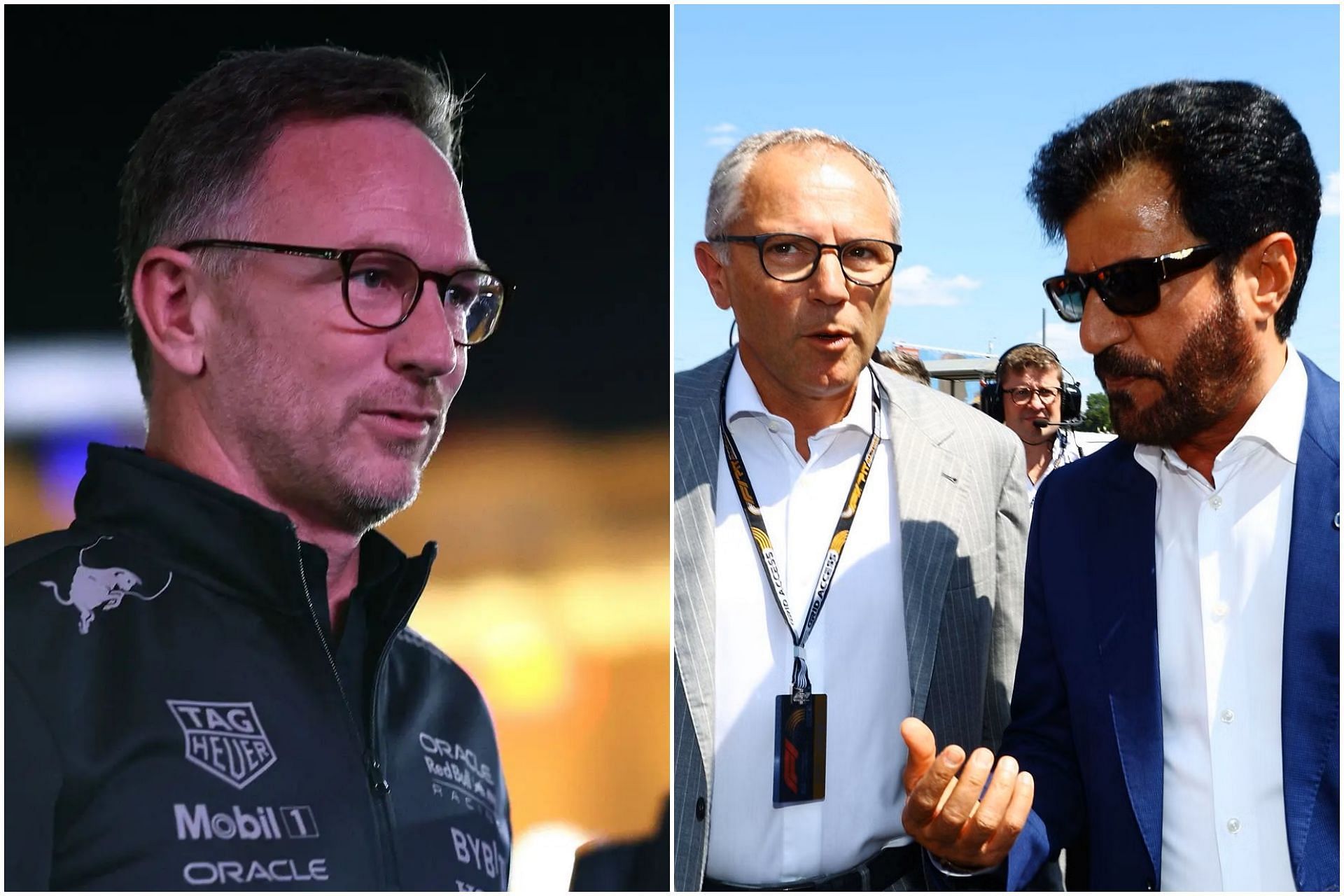 Christian Horner (L), Stefano Domenicali (C) and Mohammed Ben Sulayem (R) (Collage via Sportskeeda)