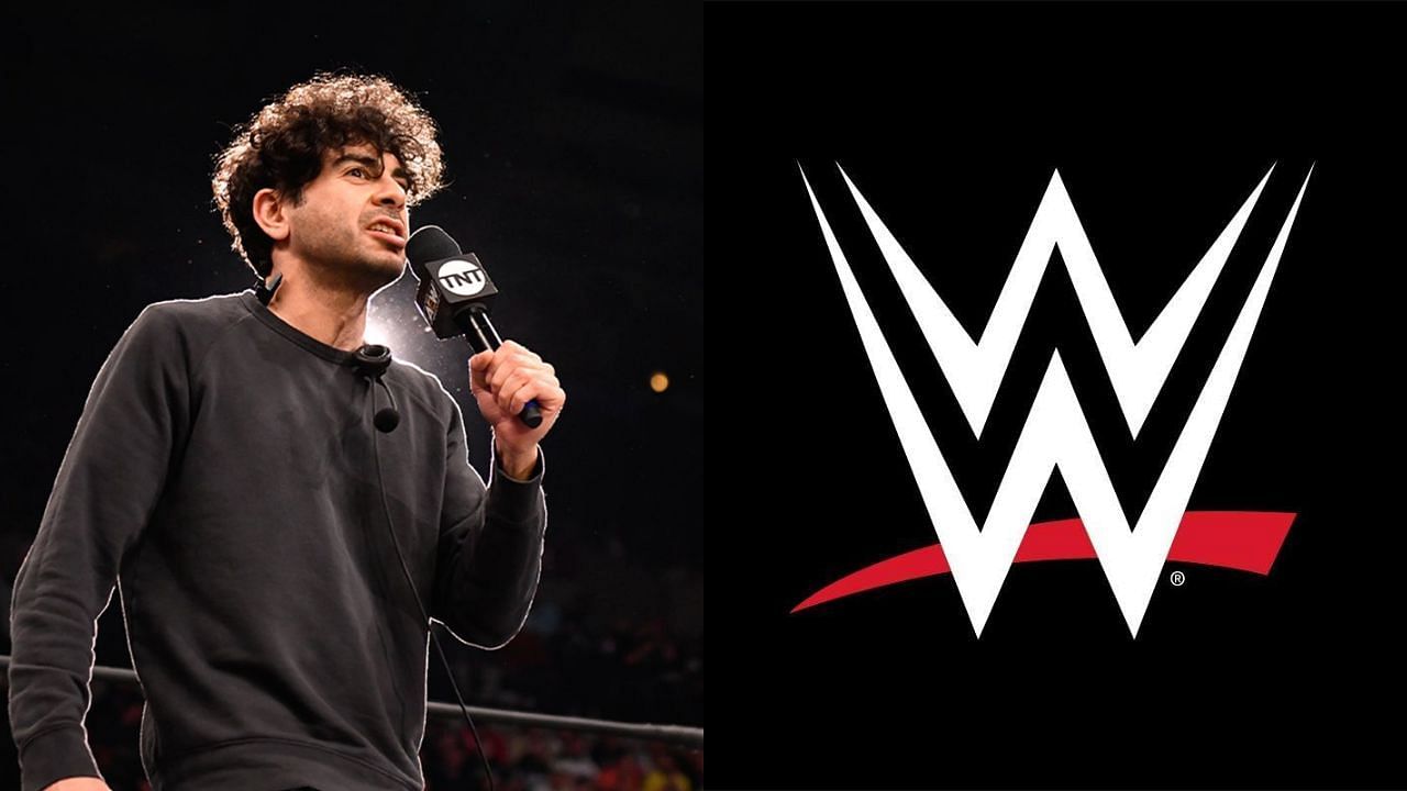 Tony Khan (left) and WWE logo (right)