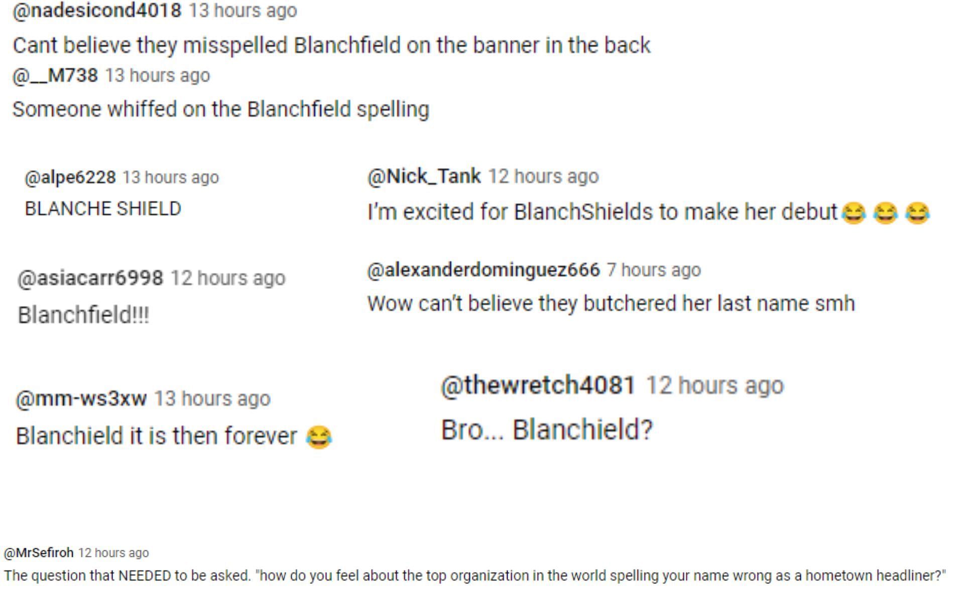 Screenshots of fan reactions to the UFC misspelling Erin Blanchfield&#039;s name on the fight night poster