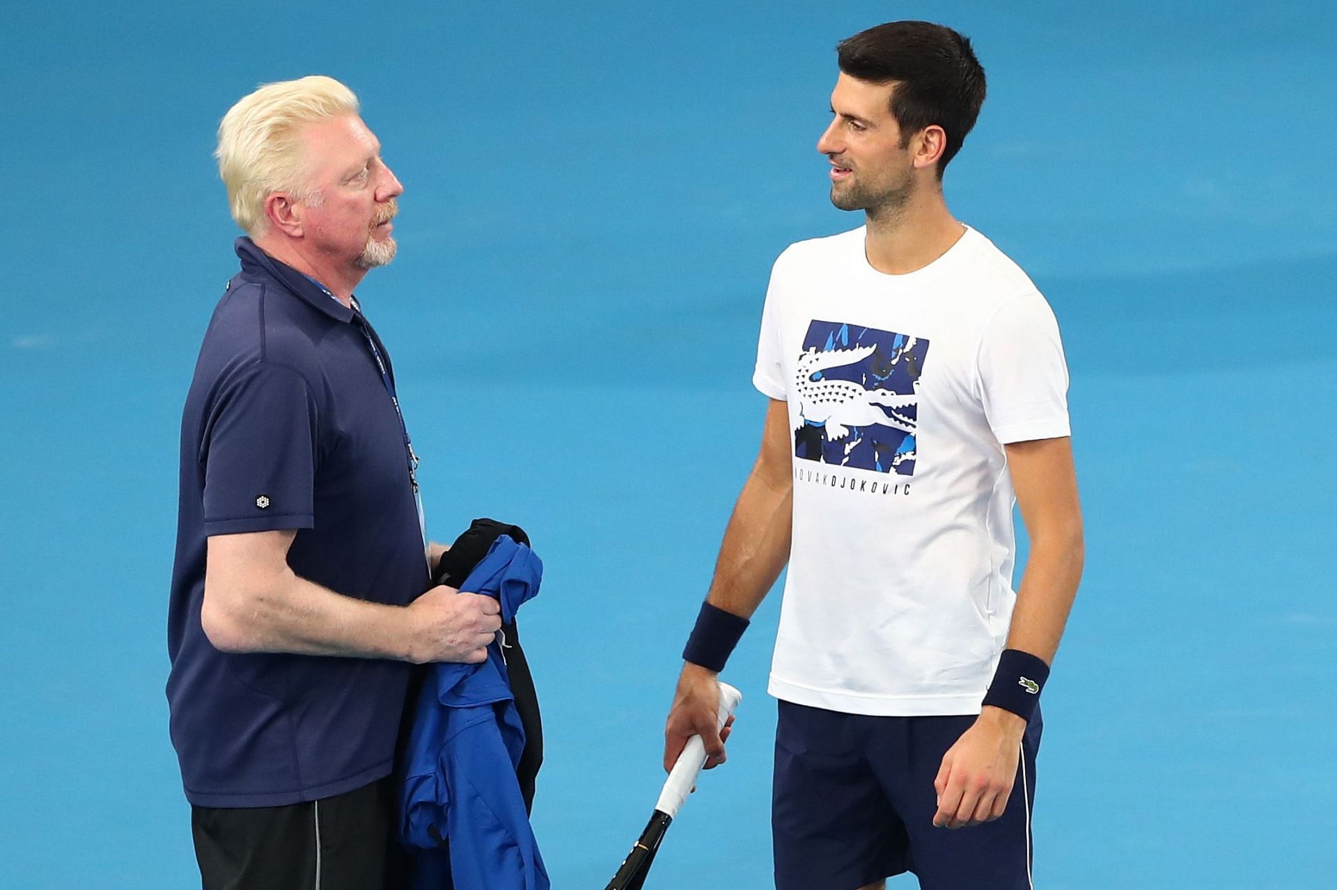 Boris Becker (L) pictured with the Serb at the 2020 ATP Cup