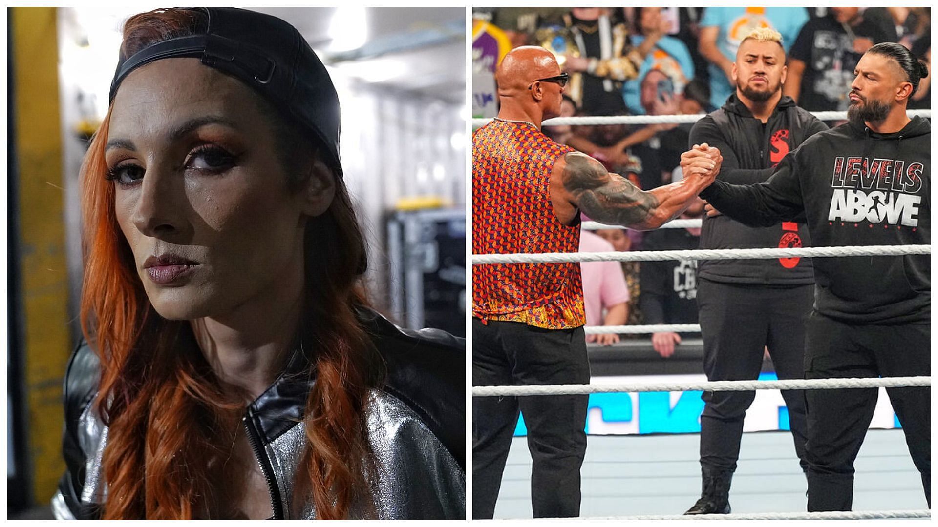 Becky Lynch (left) and The Bloodline members on WWE SmackDown (right).