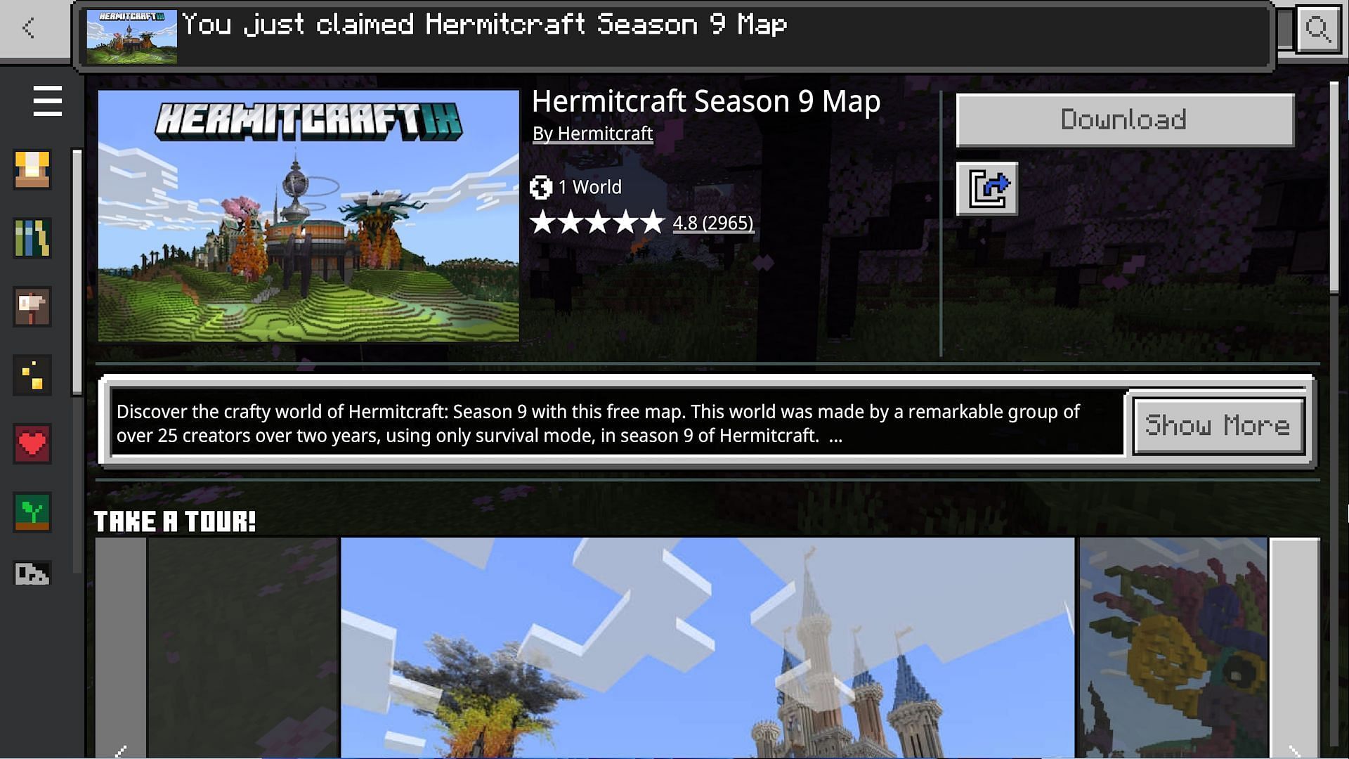 The message about claiming the content should appear above the download button (Image via Mojang)
