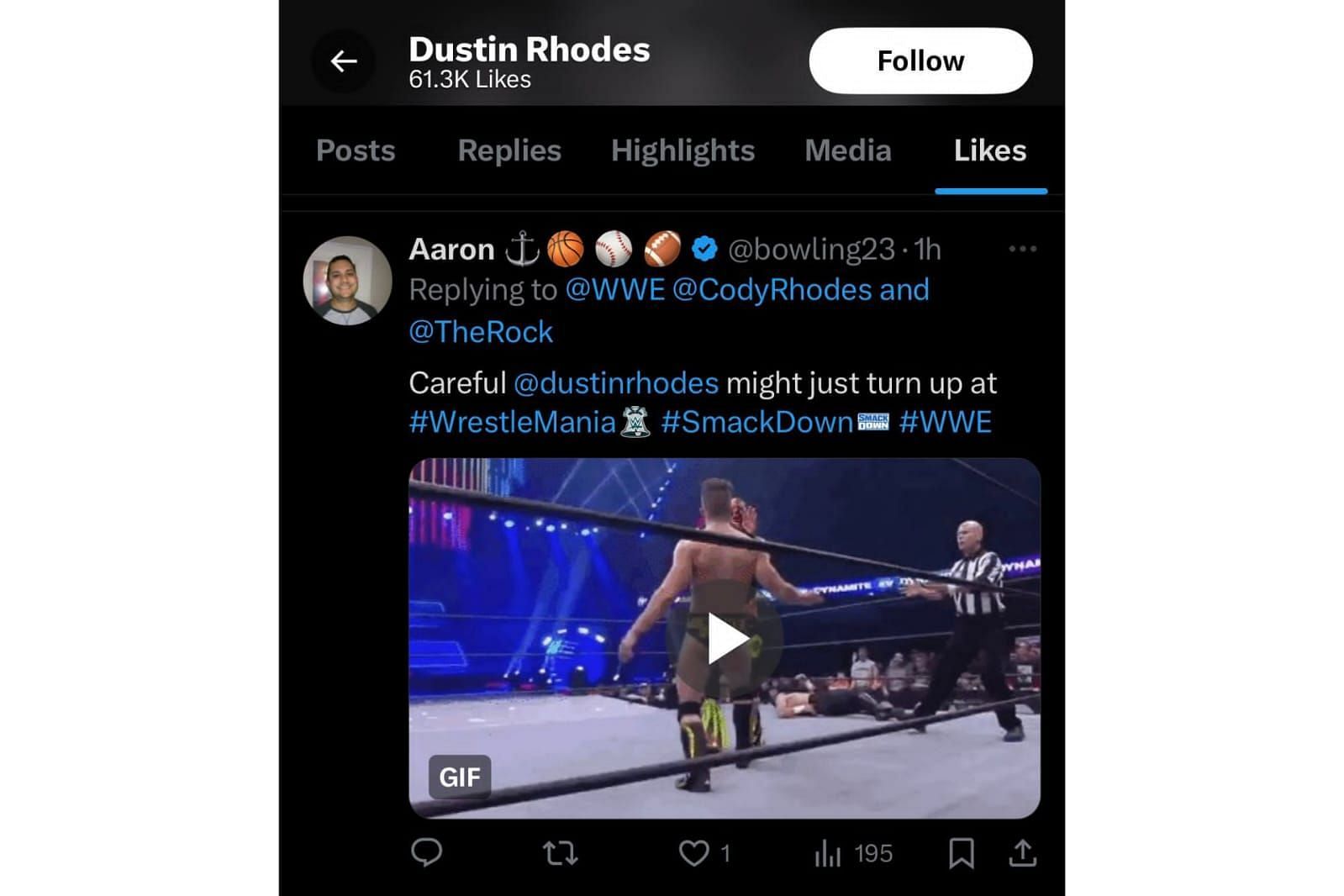 Screengrab of Dustin Rhodes liking the tweet