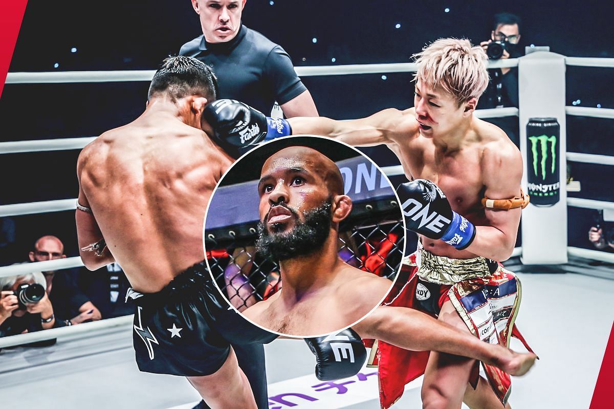 Demetrious Johnson (C) stacks praise on Superlek after crushing win over Takeru. -- Photo by ONE Championship