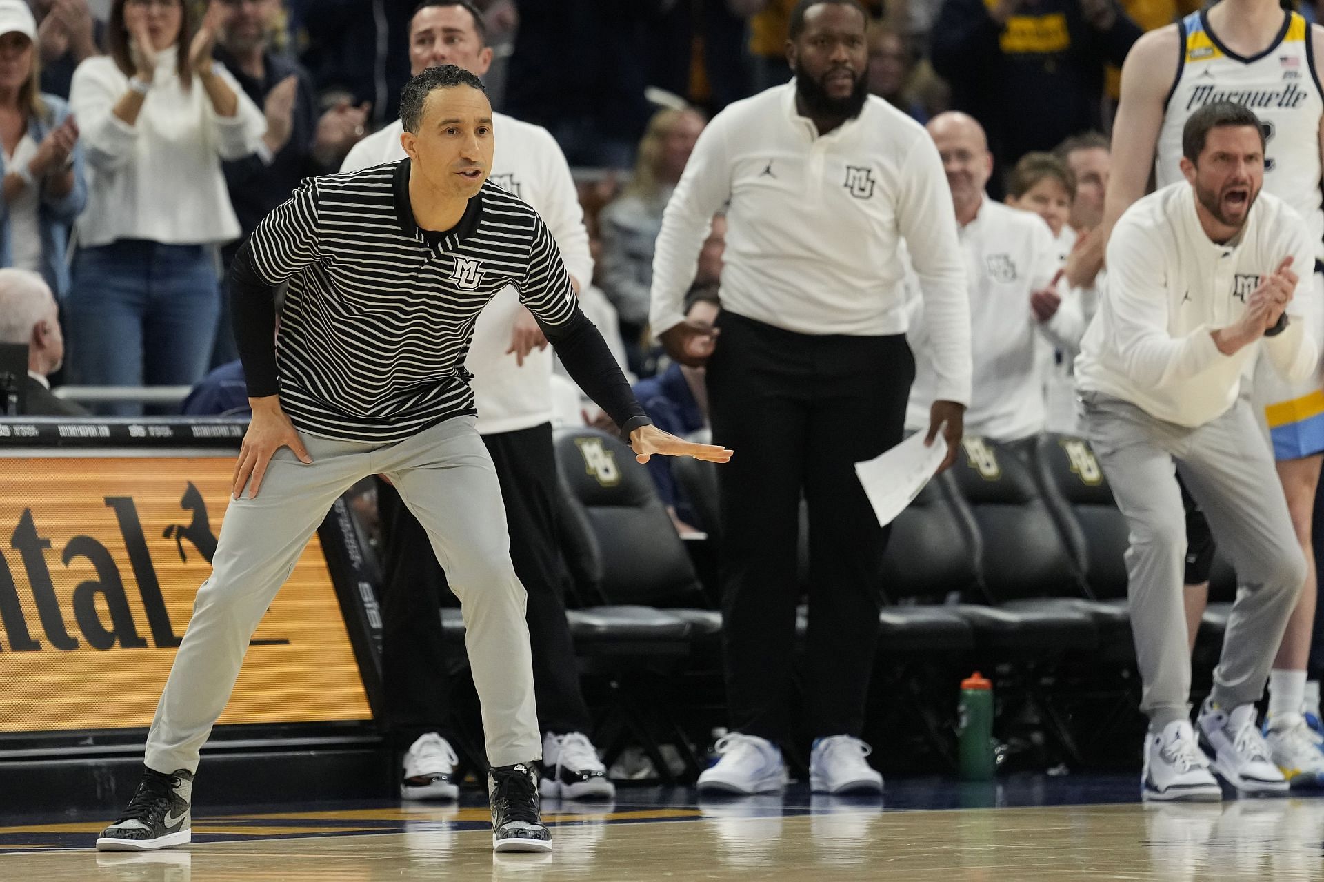 Shaka Smart of the Golden Eagles reacts during the second half against the Creighton Bluejays.