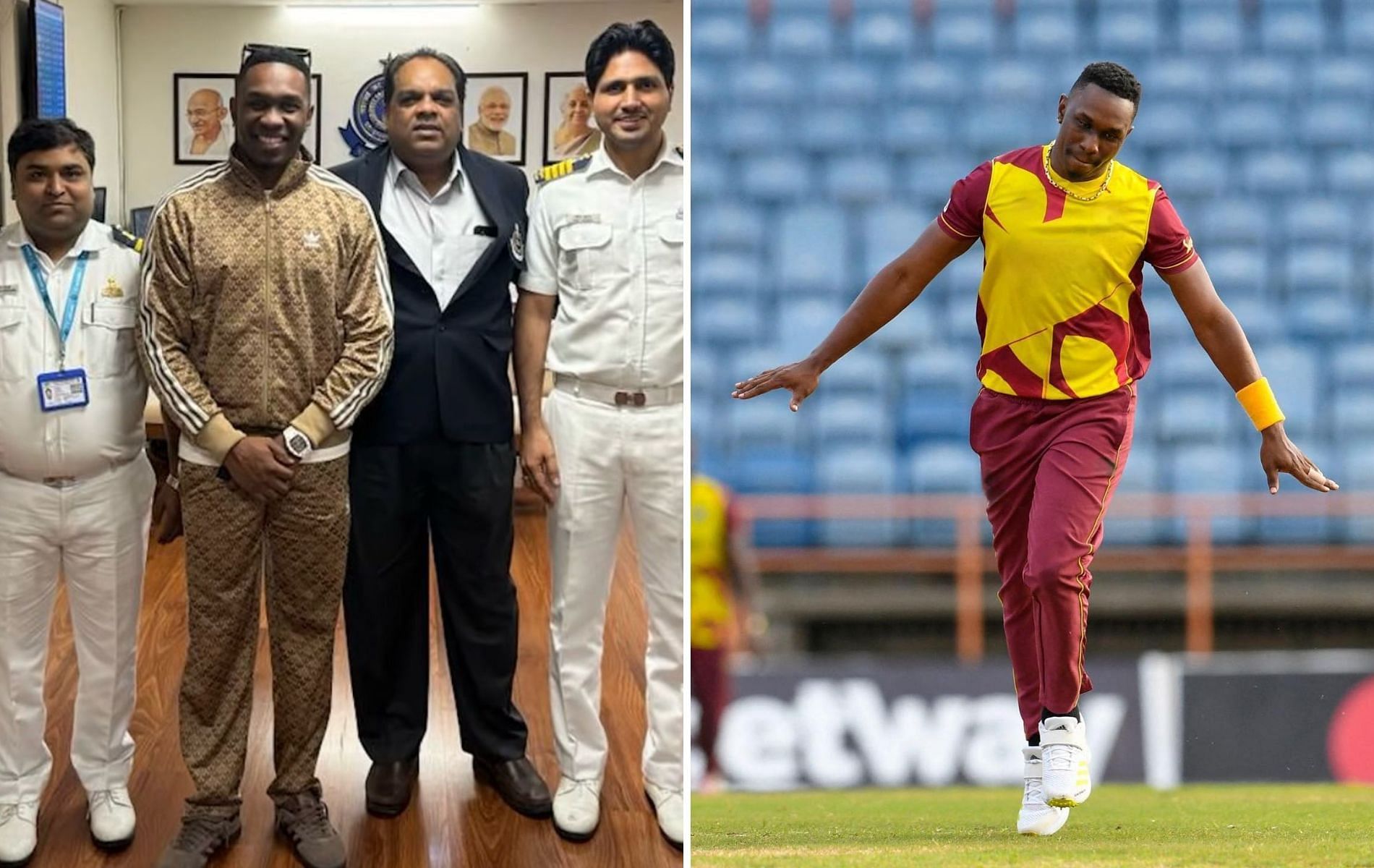 Dwayne Bravo posing for picture with customs officials (L). 