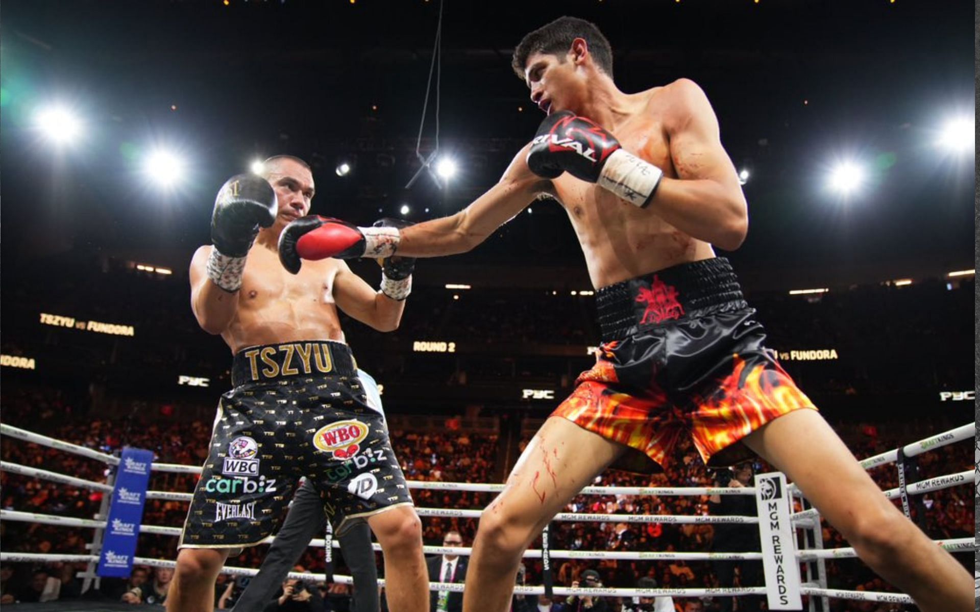Sebastian Fundora and Tim Tszyu in action for the WBO and vacant WBC titles. [Image courtesy: @premierboxing on X]