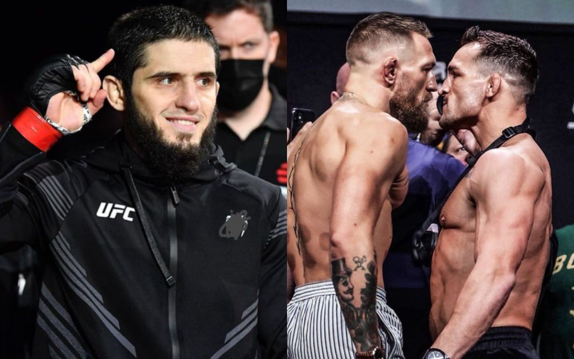 Islam Makhachev (left) disapproves of Michael Chandler (far right) waiting on the return of Conor McGregor (middle right) [Images Courtesy: @islam_makhachev and @mikechandlermma on Instagram]
