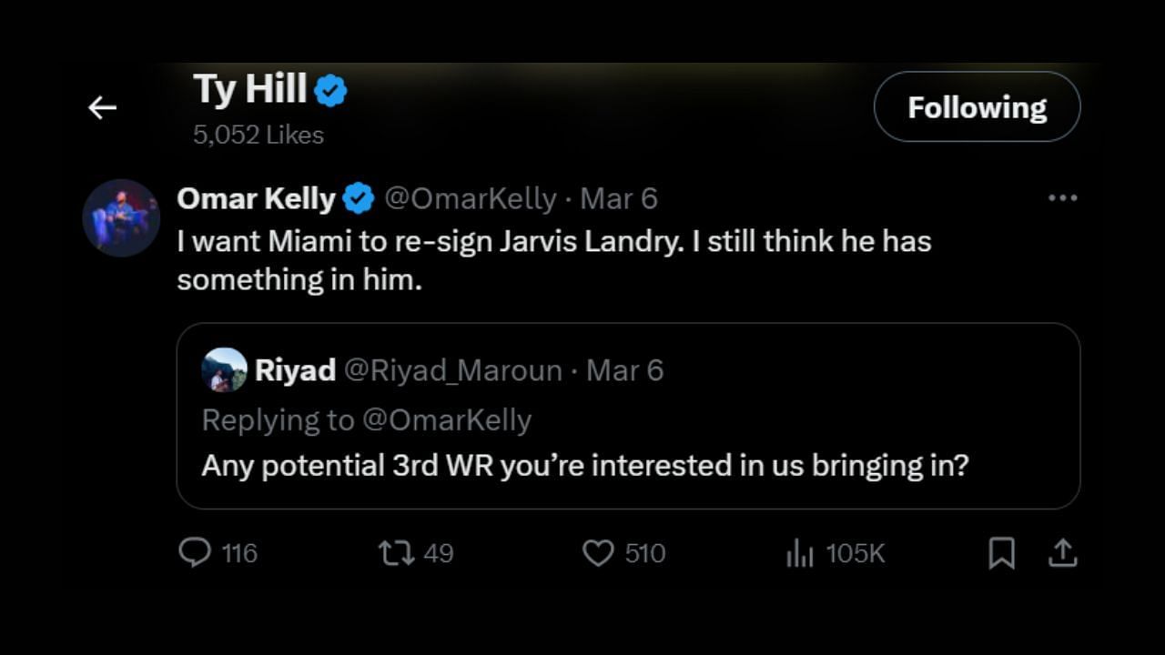 Tyreek Hill likes Omar Kelly&rsquo;s pitch for a Jarvis Landry return