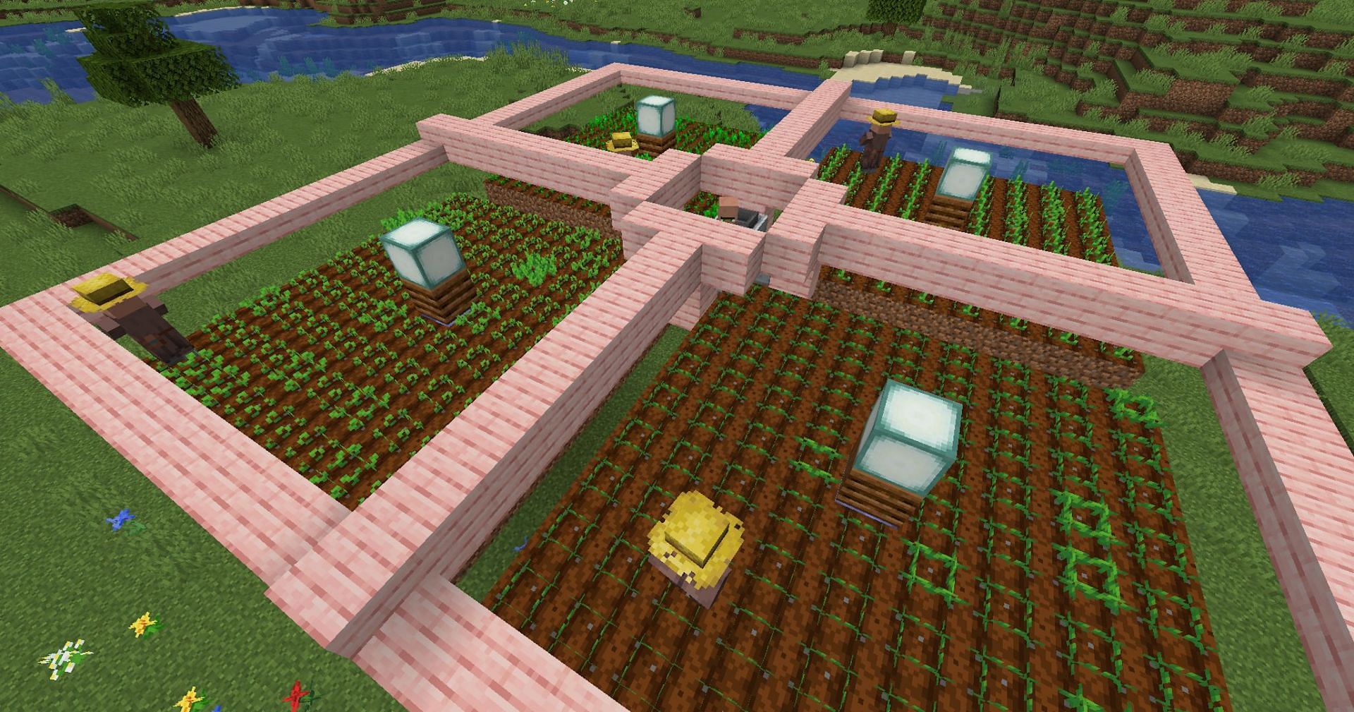 The farm looks much more lively with villagers added in (Image via Mojang)
