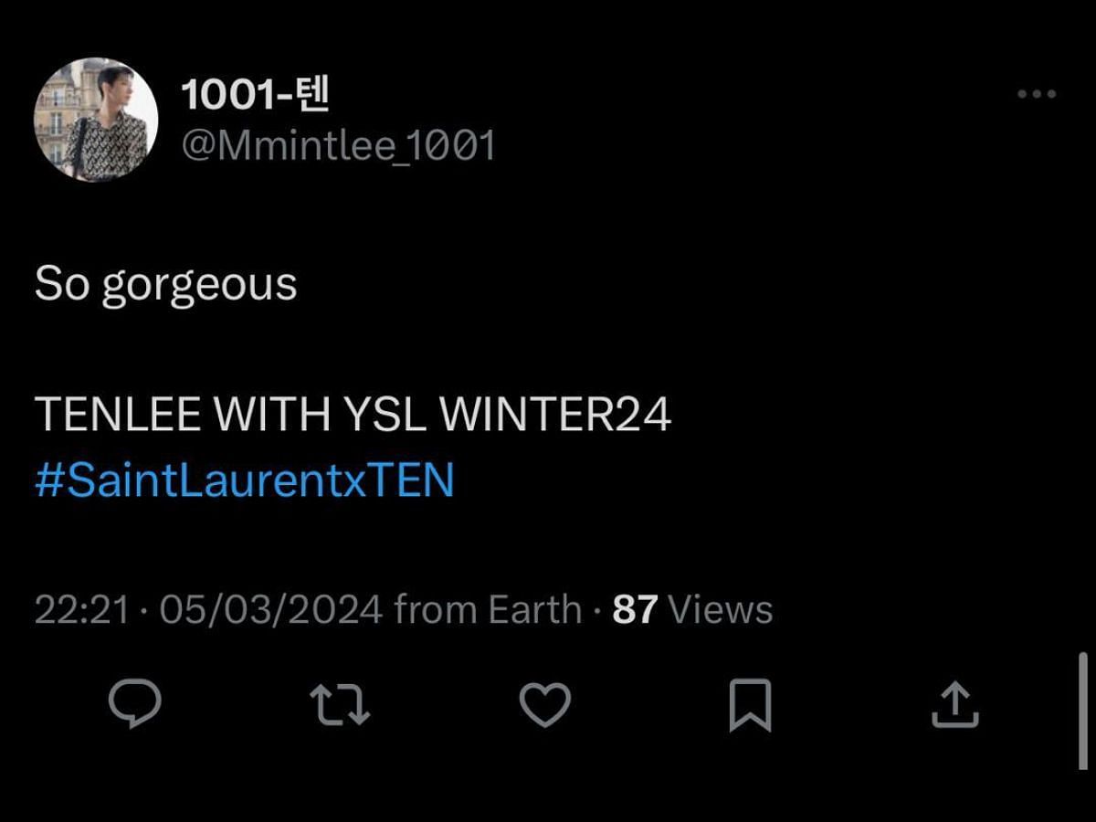 Fans appreciate Ten&#039;s look for the Yves Saint Laurent men&#039;s winter collection for Paris Fashion Week 2024 (Image via X/Viraltakes)