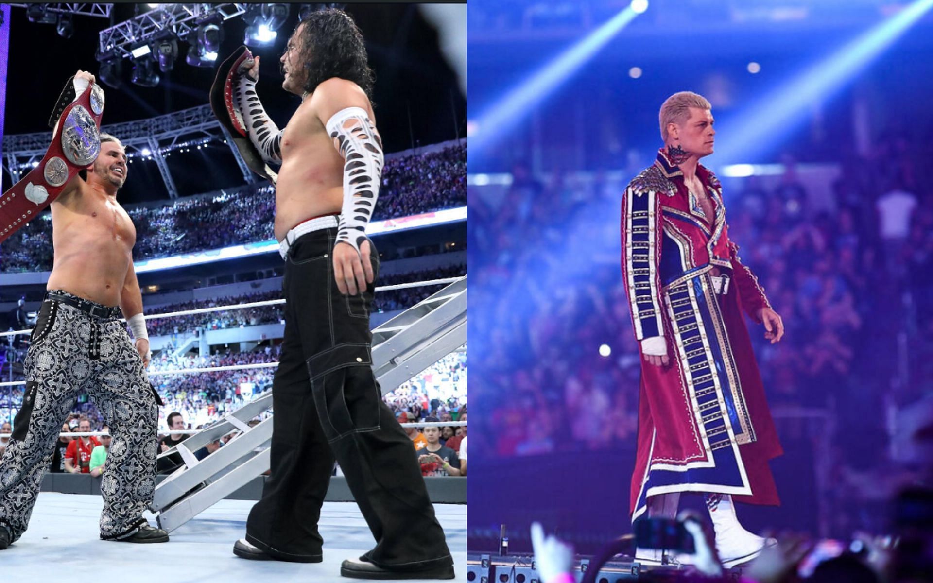 (Left): The Hardy Boyz celebrating victory after WrestleMania 33 win; (Right): Cody Rhodes 