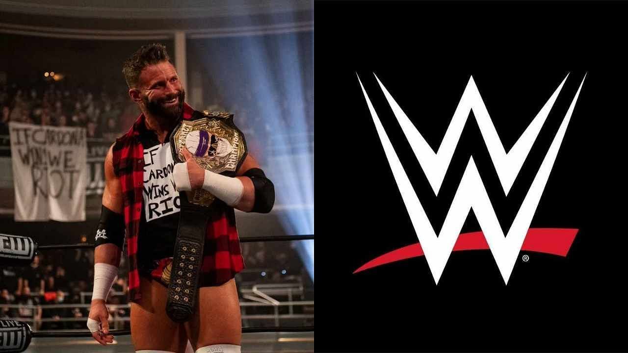 Matt Cardona (left), WWE logo (right) 