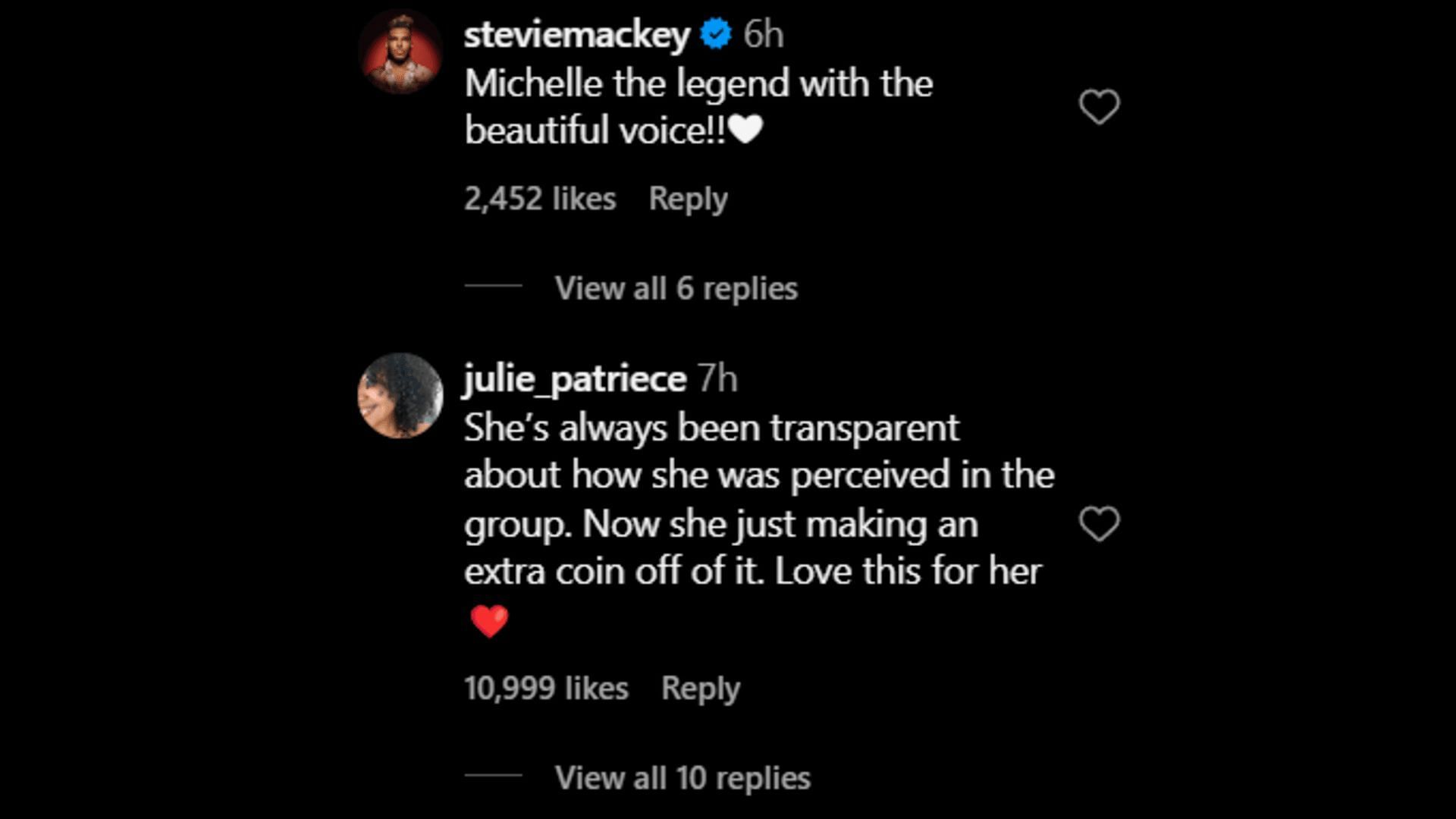 Social media users sharing their compliments for Michelle. (Image via Instagram/ steviemackey/ julie_patriece)