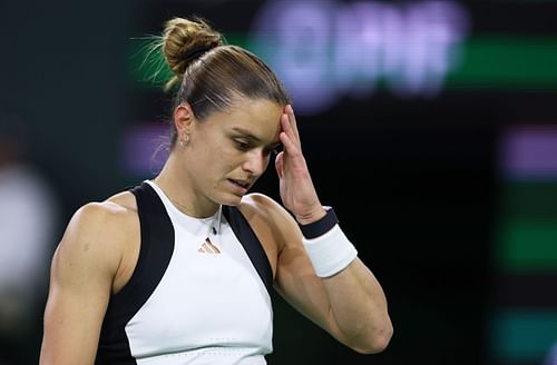 Maria Sakkari during her match against Coco Gauff at the BNP Paribas Open 2024