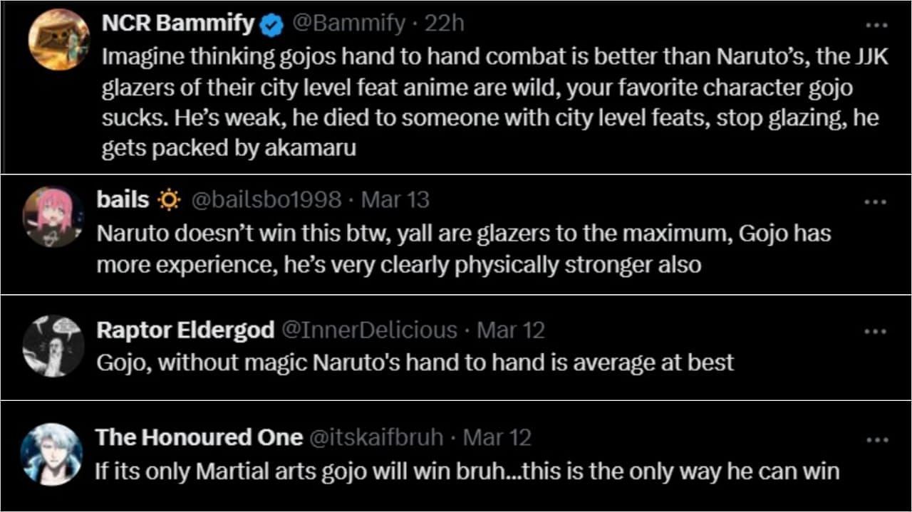 Jujutsu Kaisen fans defend Gojo and claim that he can easily defeat Naruto in martial arts (image via Sportskeeda)