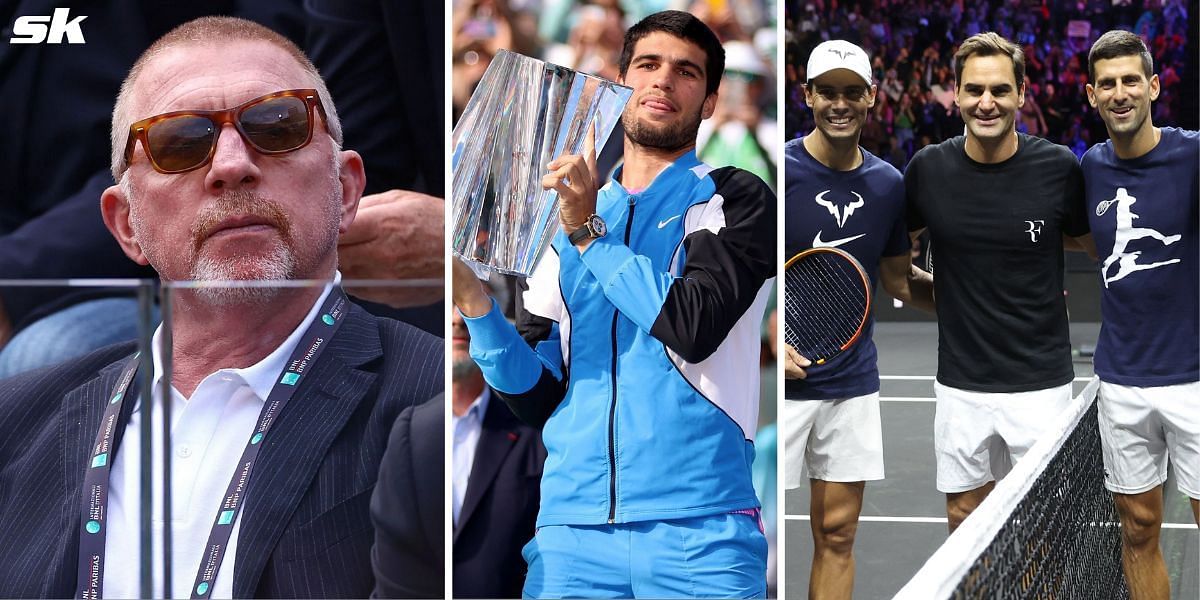 Boris Becker (L); Carlos Alcaraz (center), Rafael Nadal; Roger Federer, Novak Djokovic (R)