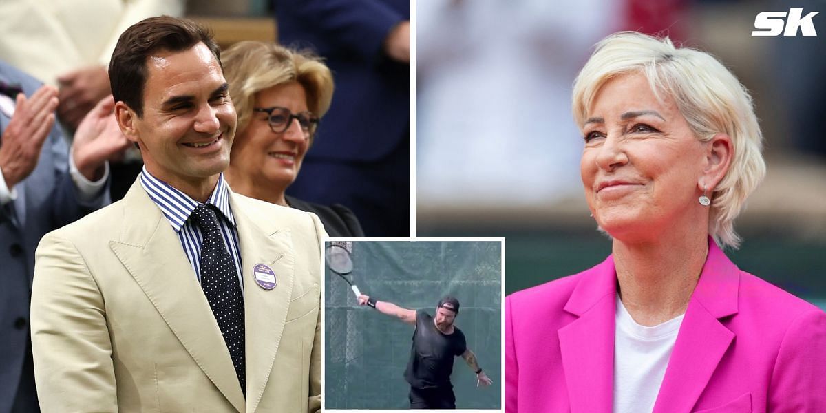 Roger Federer (L), Chris Evert (R), son Alexander Mill (Inset)