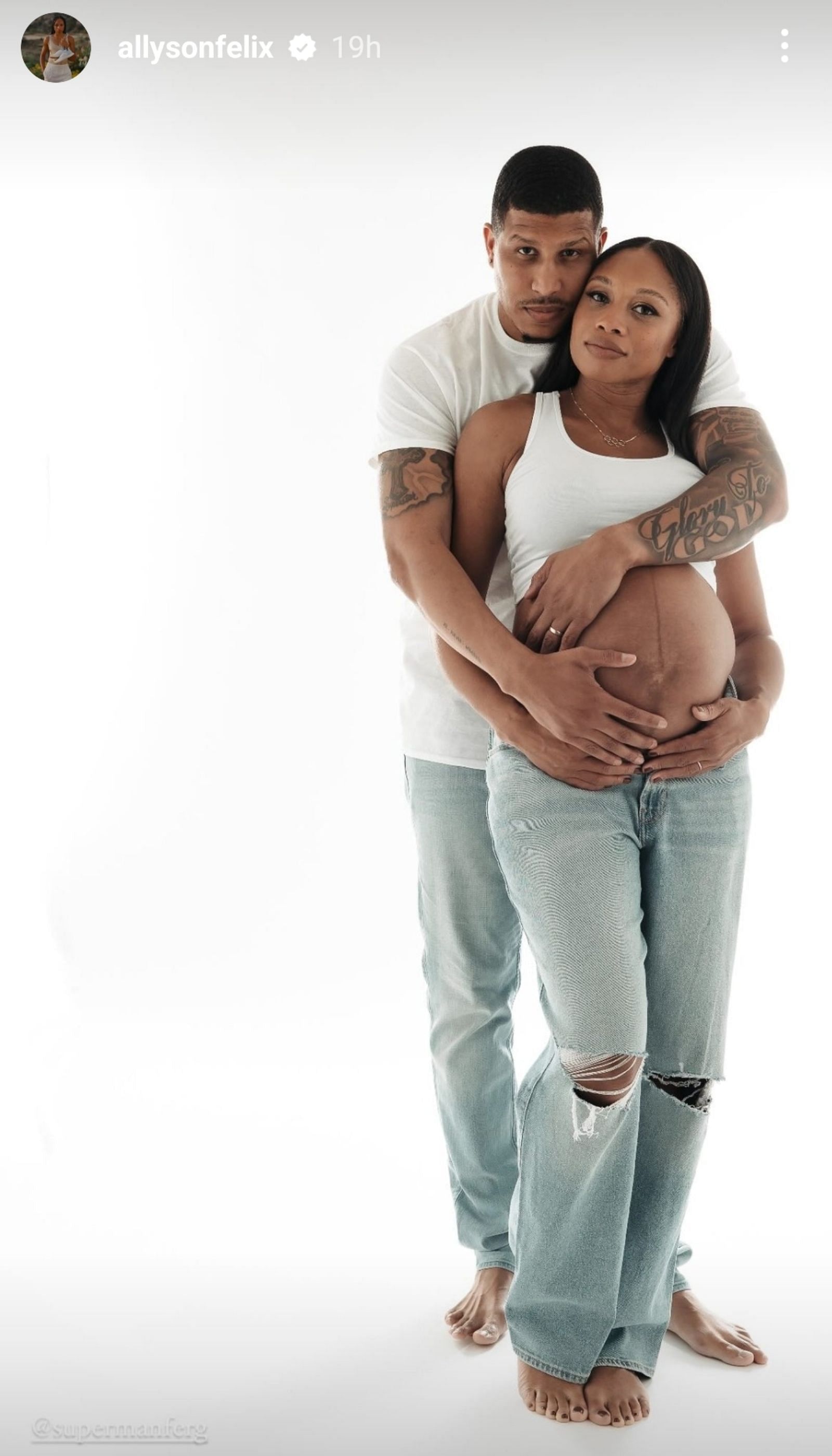 Ferguson and Allyson posing with Allyson&#039;s baby bump (via Allyson&#039;s Instagram story)