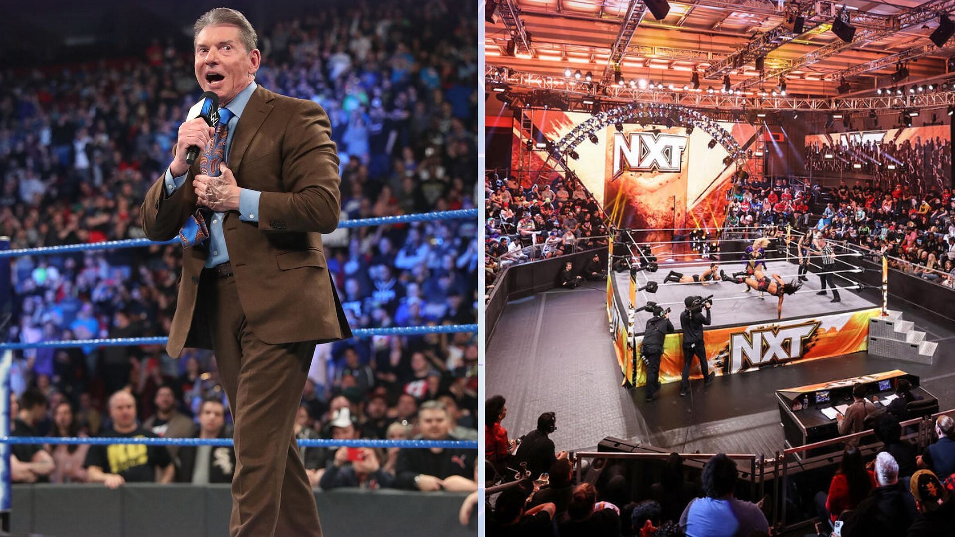 Vince McMahon (left), NXT arena (right)