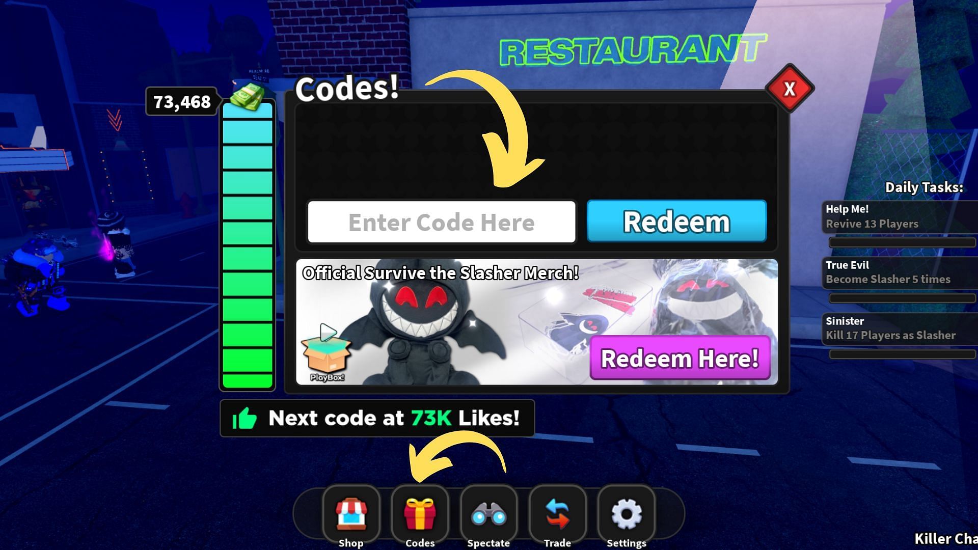 Redeem codes in Survive the Slasher (Image via Roblox || Sportskeeda)