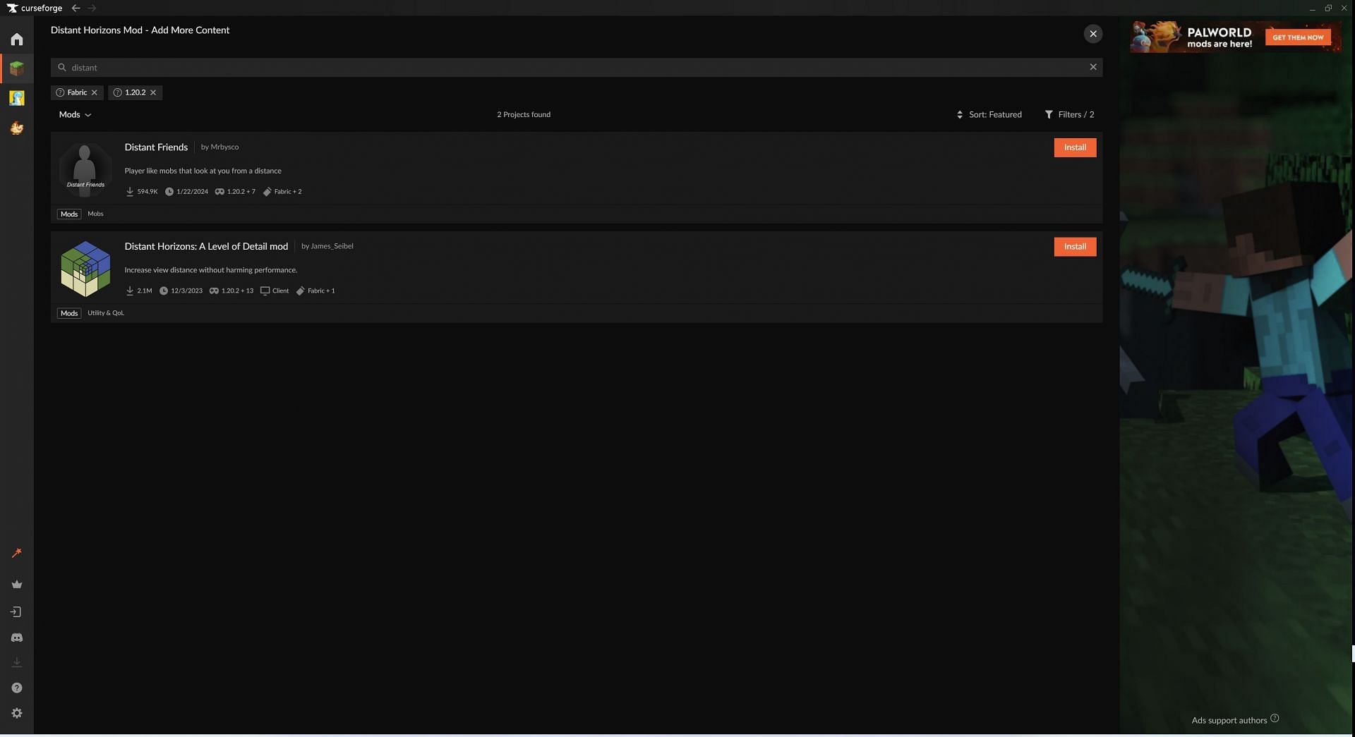 The Distant Horizons mod should appear in the search if the profile is correct (Image via CurseForge)