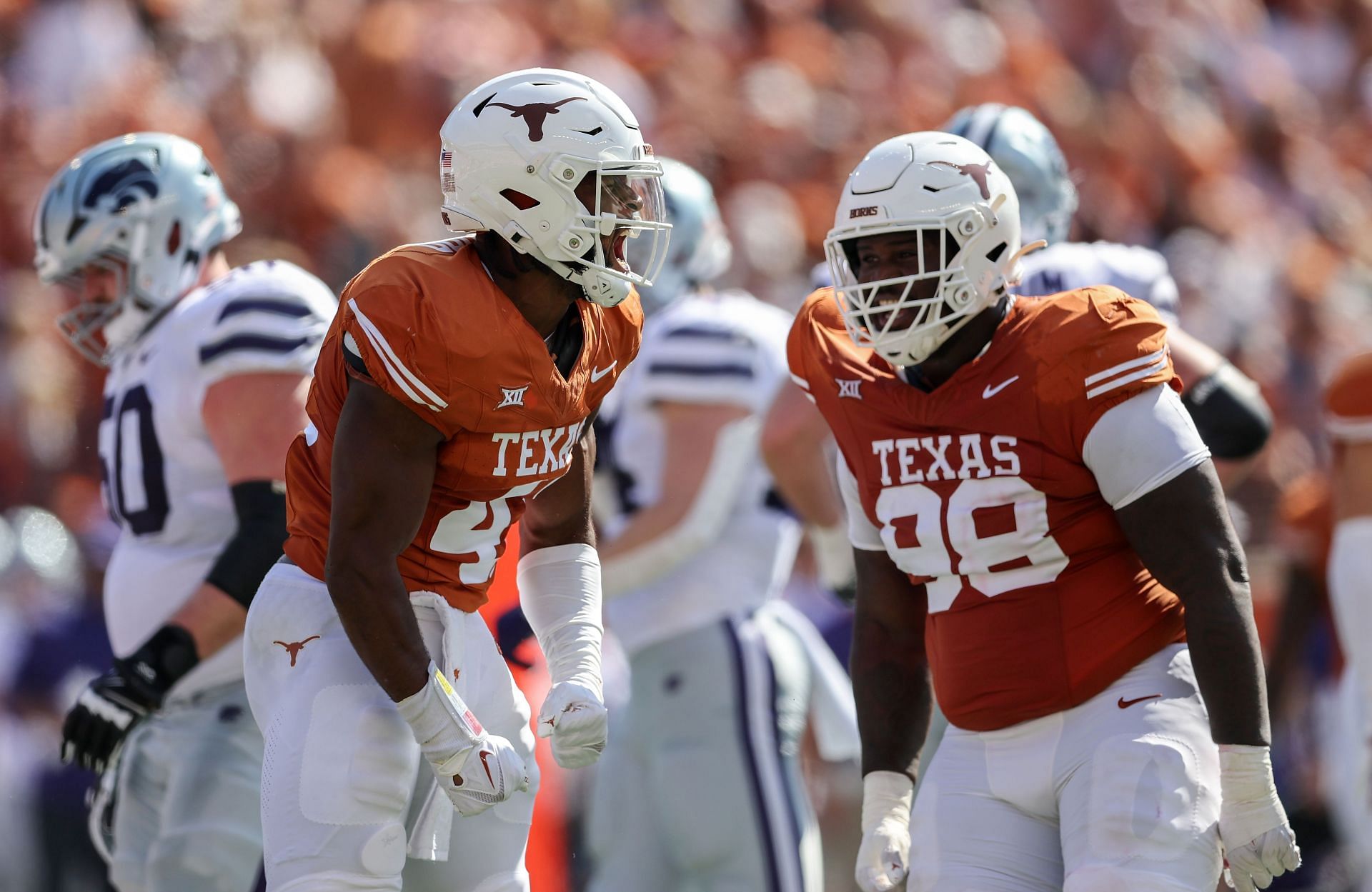 Jaylan Ford #41 of the Texas Longhorns reacts after a sack in the second quarter against the Kansas State Wildcats