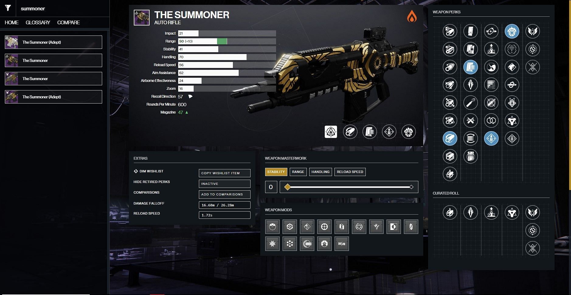 The Summoner PvE god roll (Image via D2Gunsmith)