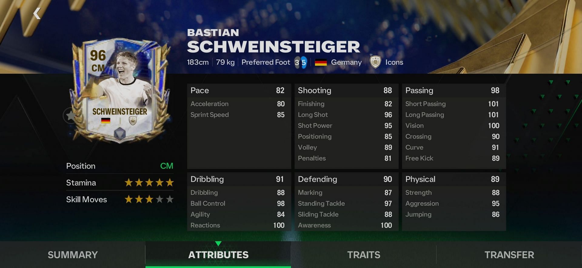 Schweinsteiger's TOTY Icon card is one of the most overpowered FC Mobile central midfielder options (Image via EA Sports)