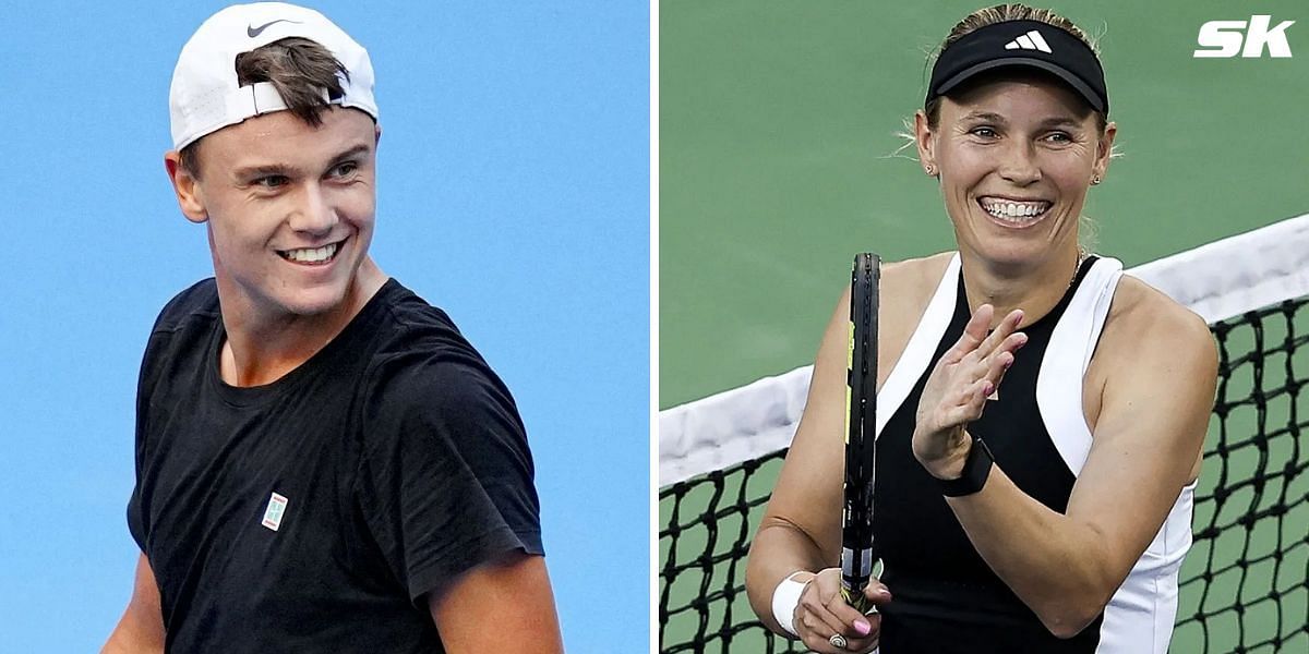 Holger Rune urges Caroline Wozniacki (R) to keep winning at Indian Wells.